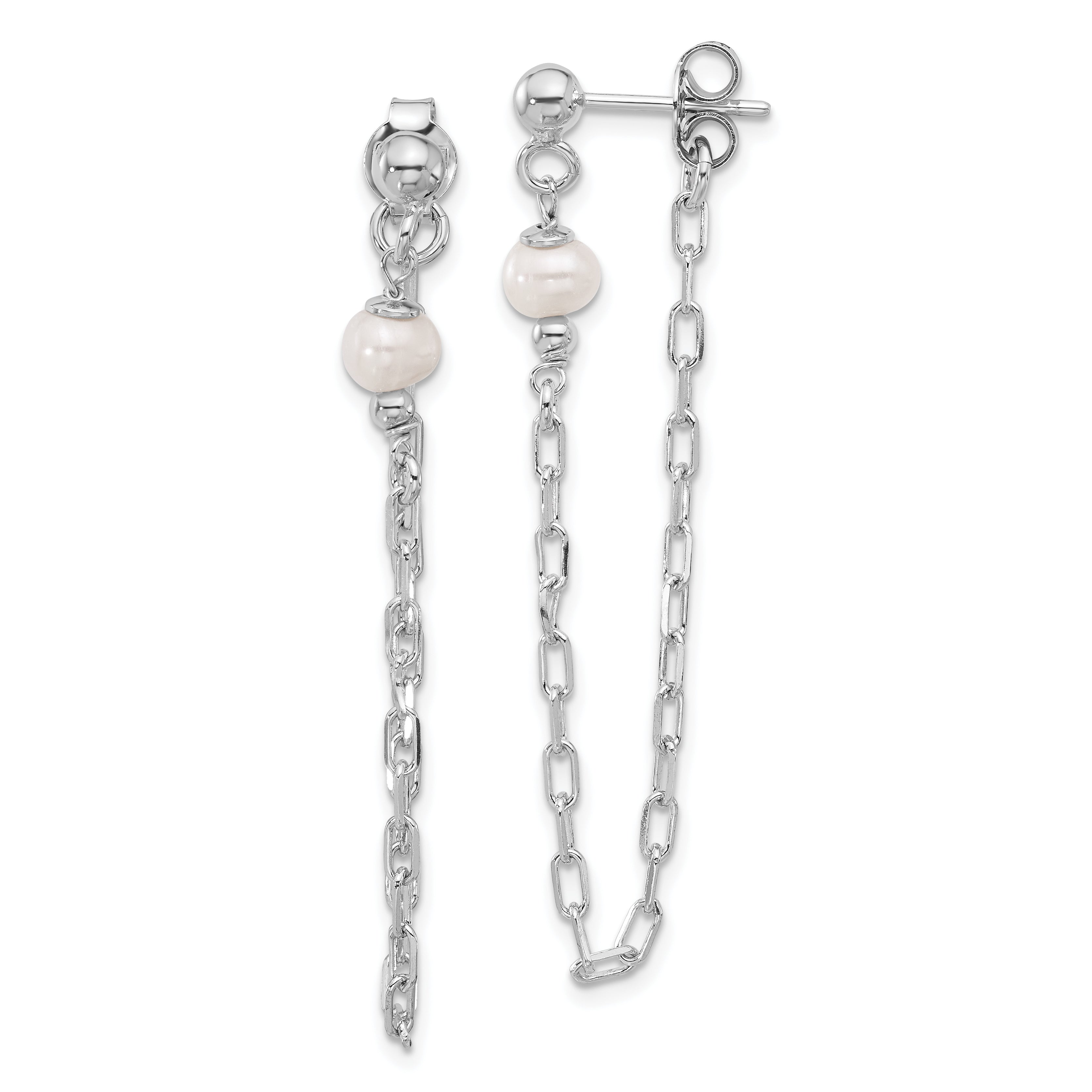 Sterling Silver RH-plat FWC Pearl Front/Back Chain Dangle Earrings