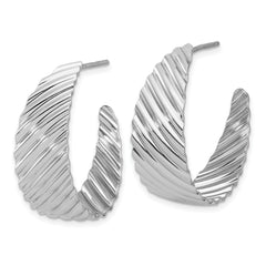 Sterling Silver Rh-plat Polished Grooved Left/Right J-Hoop Earring