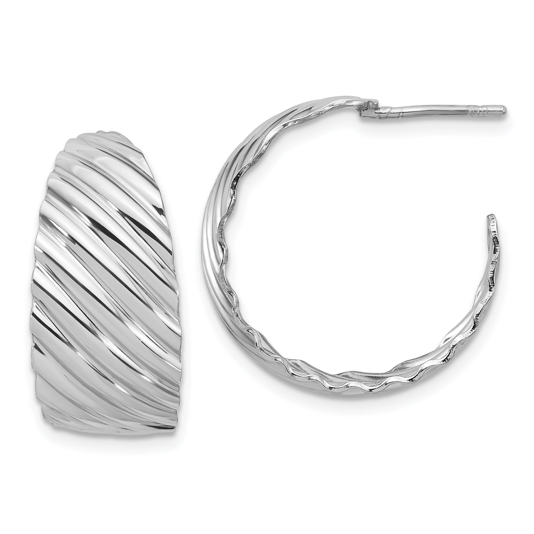 Sterling Silver Rh-plat Polished Grooved Left/Right J-Hoop Earring