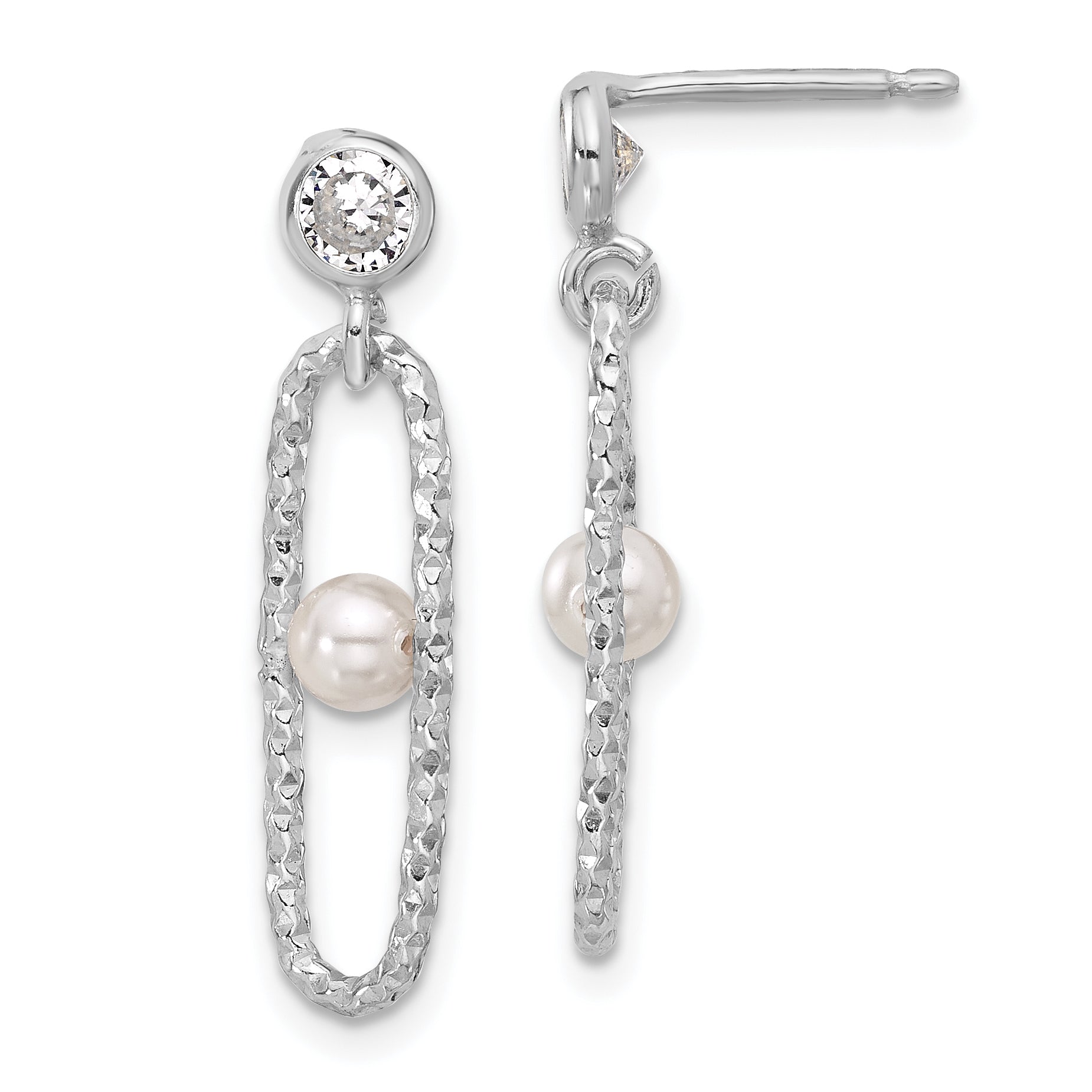 Sterling Silver Rhodium-plated CZ and Crystal Pearl Dangle Earring