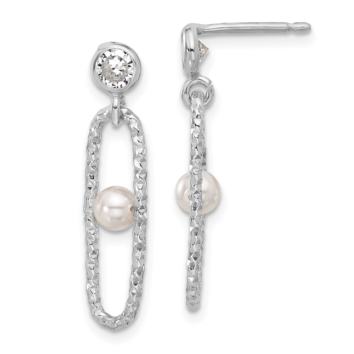 Sterling Silver Rhodium-plated CZ and Crystal Pearl Dangle Earring