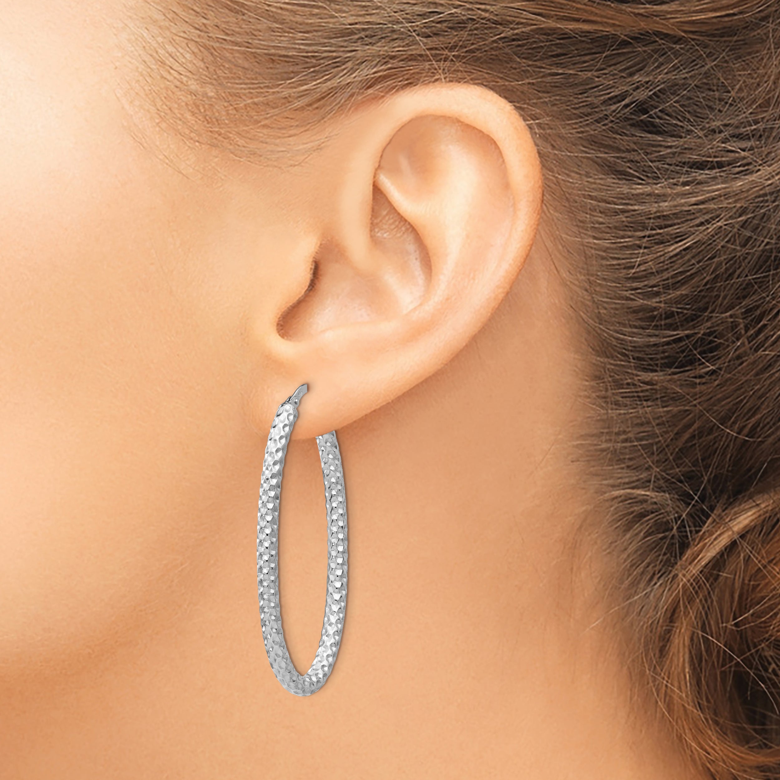 Sterling Silver 925 Oval Hoop Earrings with Polished Texture