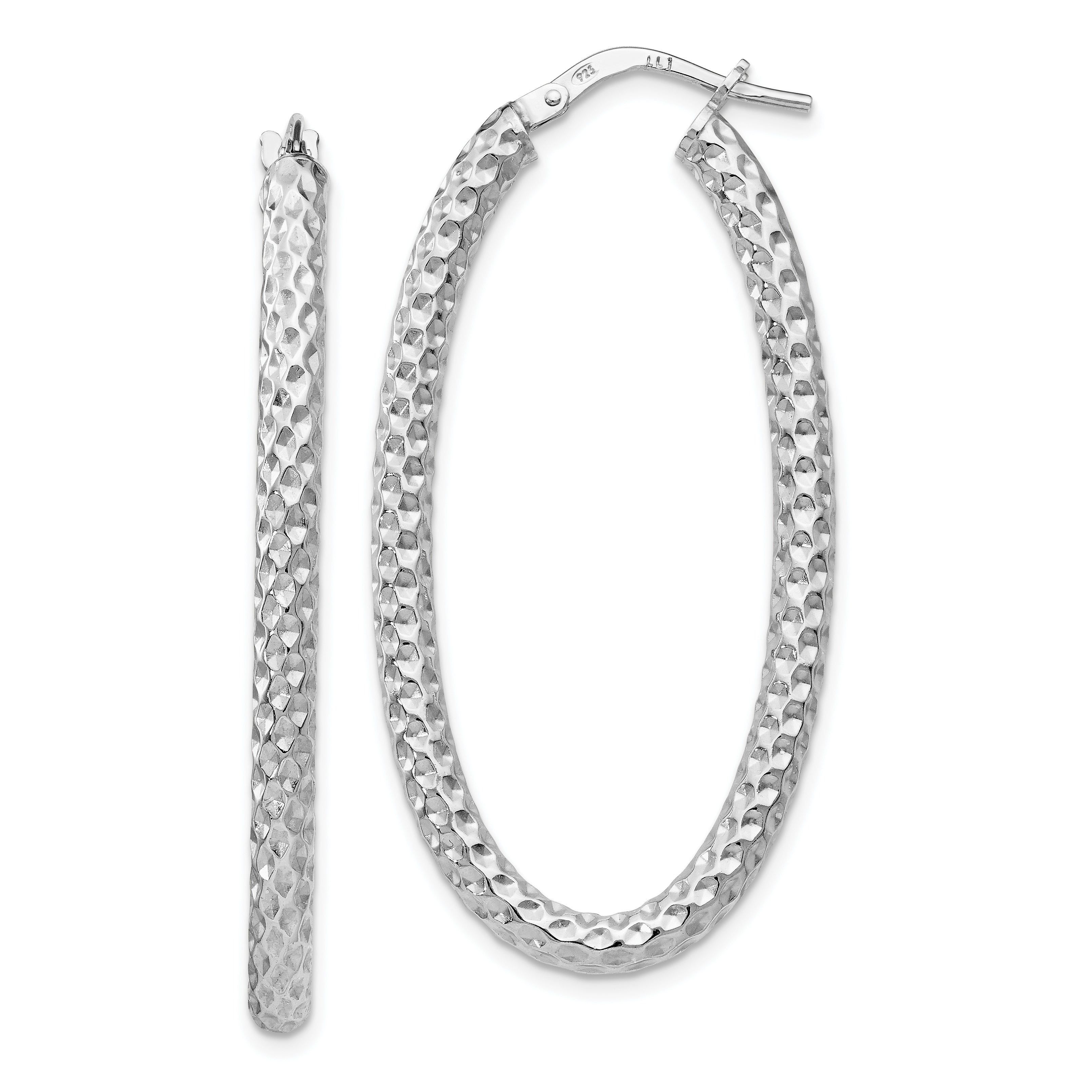 Sterling Silver Polished & Textured Oval Hinged Hoop Earrings