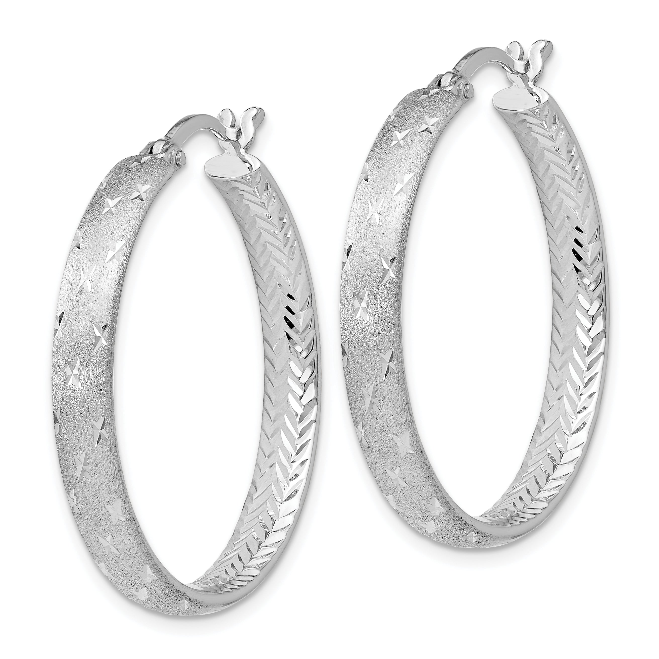 Sterling Silver 925 Rhodium Plated Diamond-Cut Hoop Earrings for Women