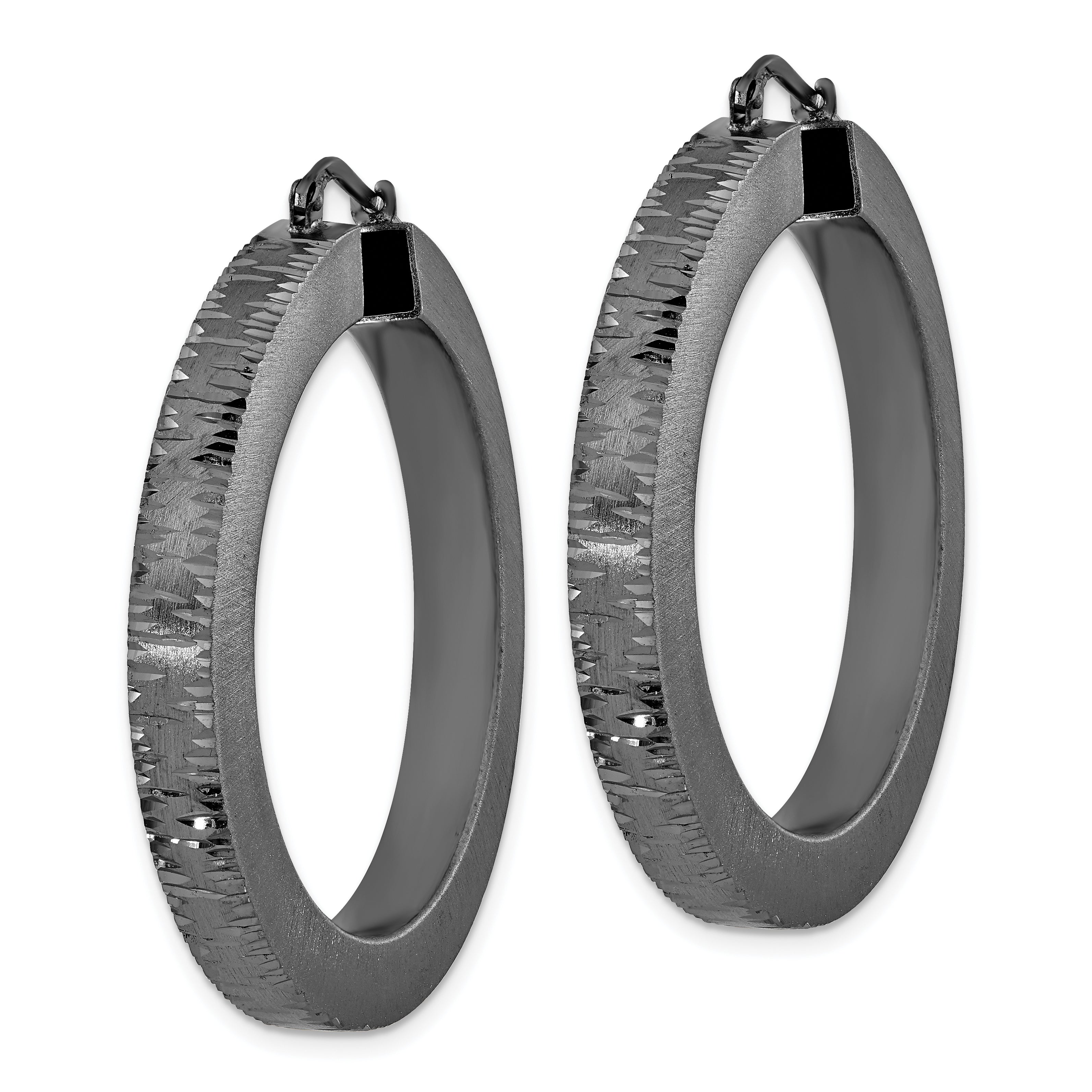 Sterling Silver Black Ruthenium-plated Brushed & Diamond-cut Round Hoop Earrings