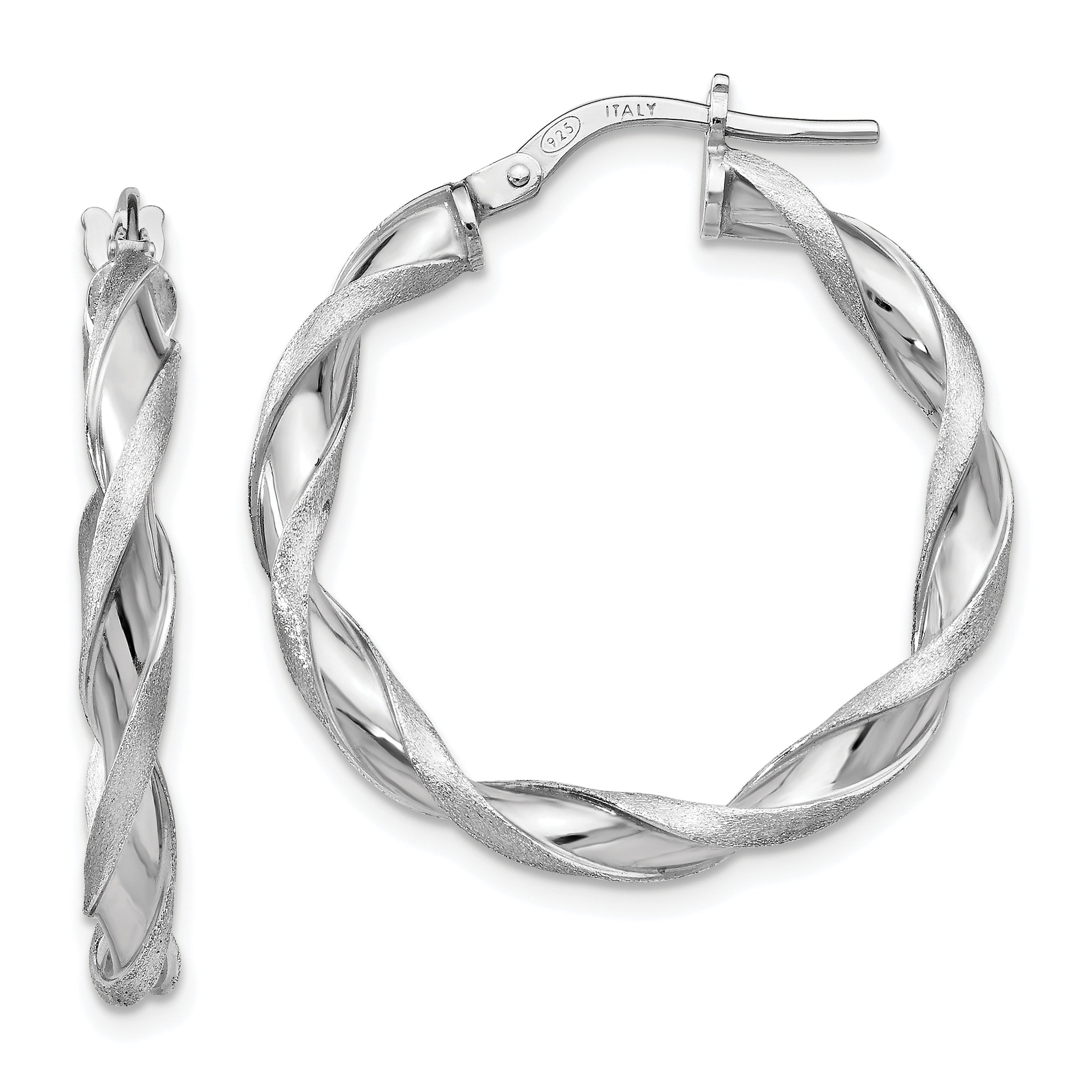 Sterling Silver Polished and Scratch-finish Twisted Hoop Earrings