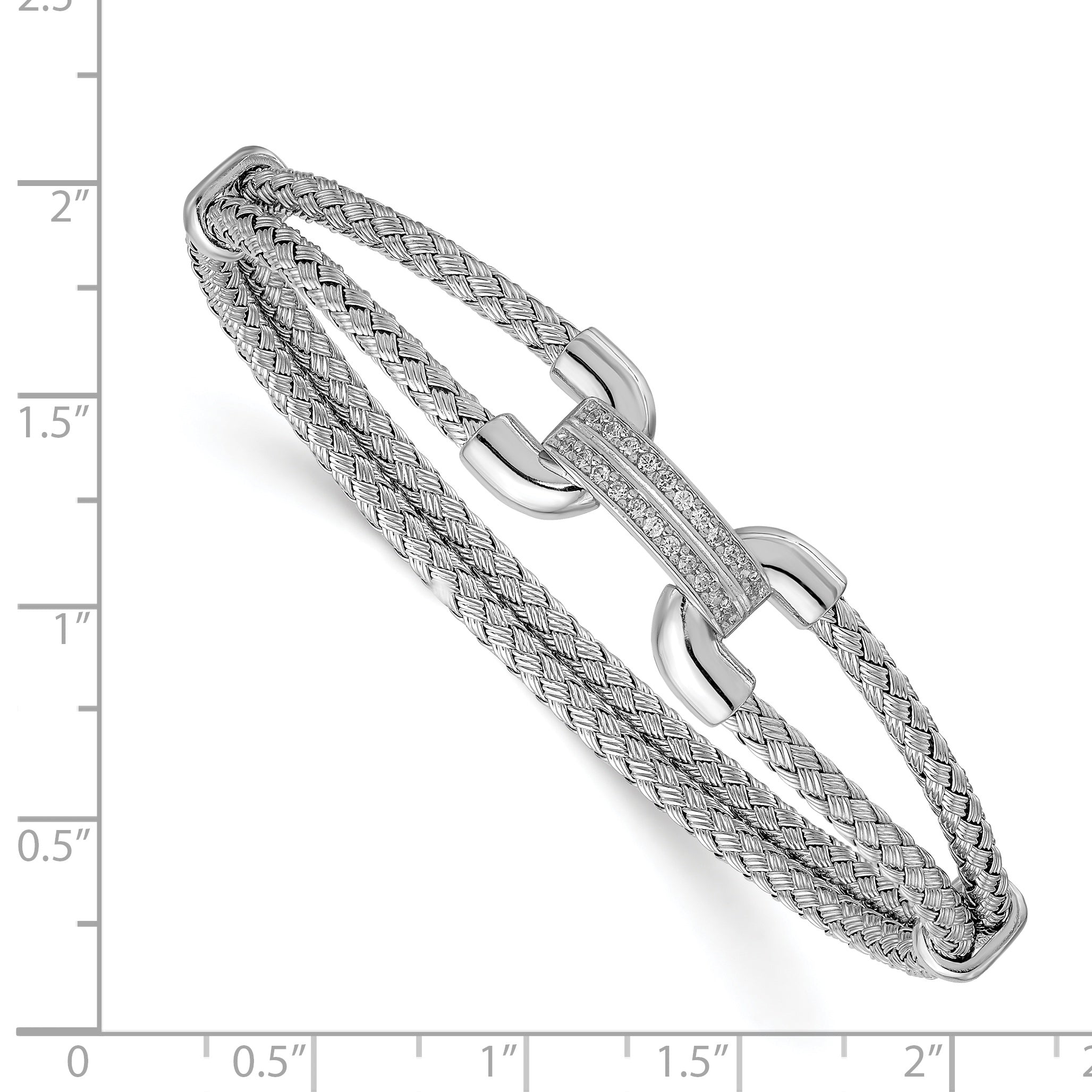 Sterling Silver Rhod-plat Polished CZ Woven Flexible Cuff