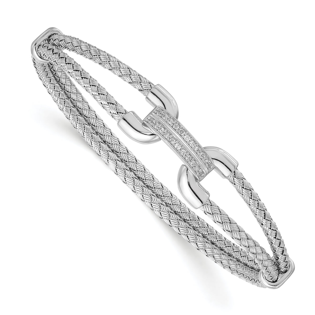 Sterling Silver Rhod-plat Polished CZ Woven Flexible Cuff