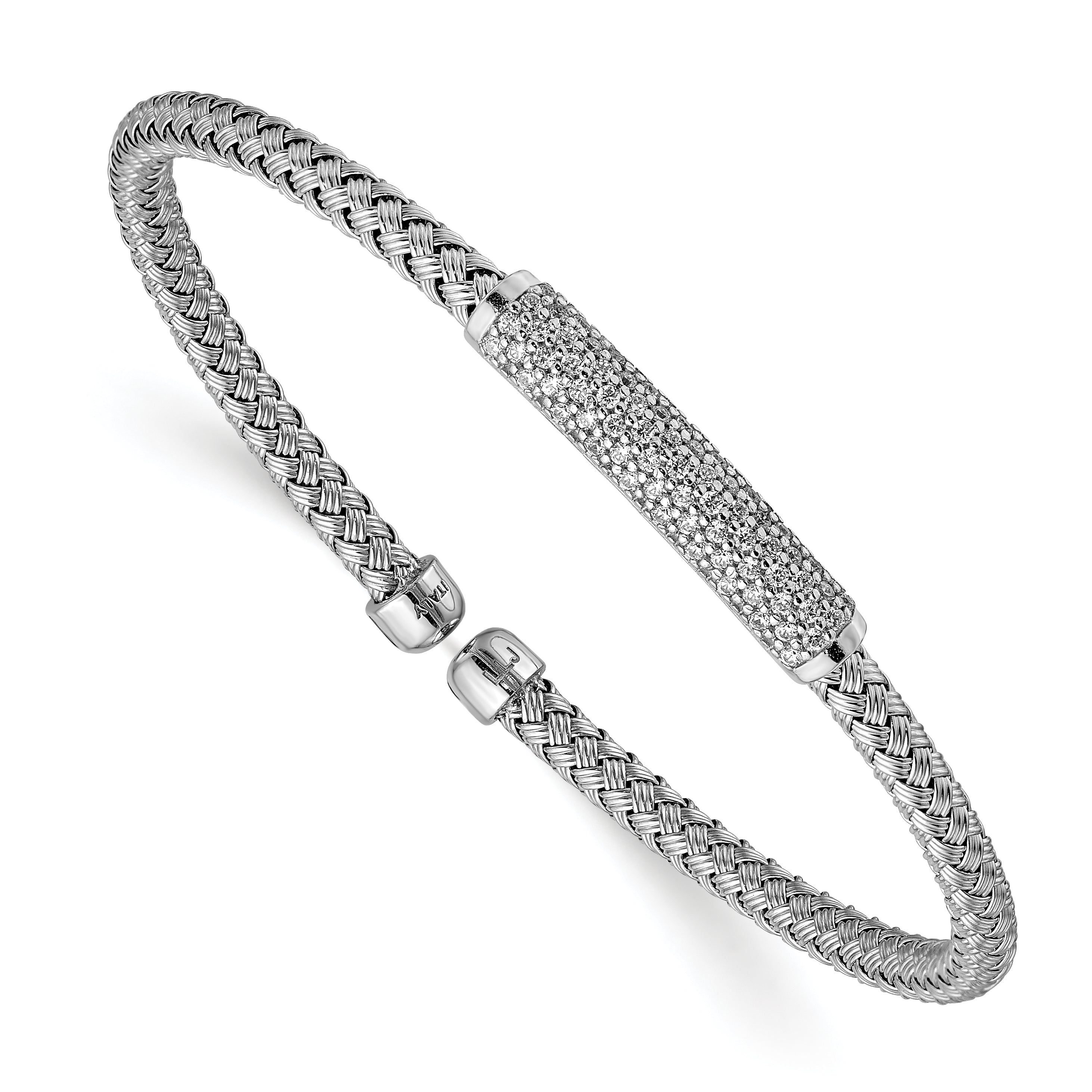 Sterling Silver Rhod-plat Polished CZ Woven Flexible Cuff