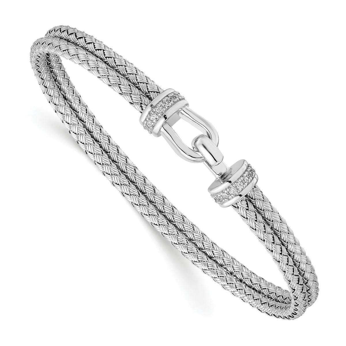 Sterling Silver Rhod-plat Polished CZ Double Woven Flexible Cuff