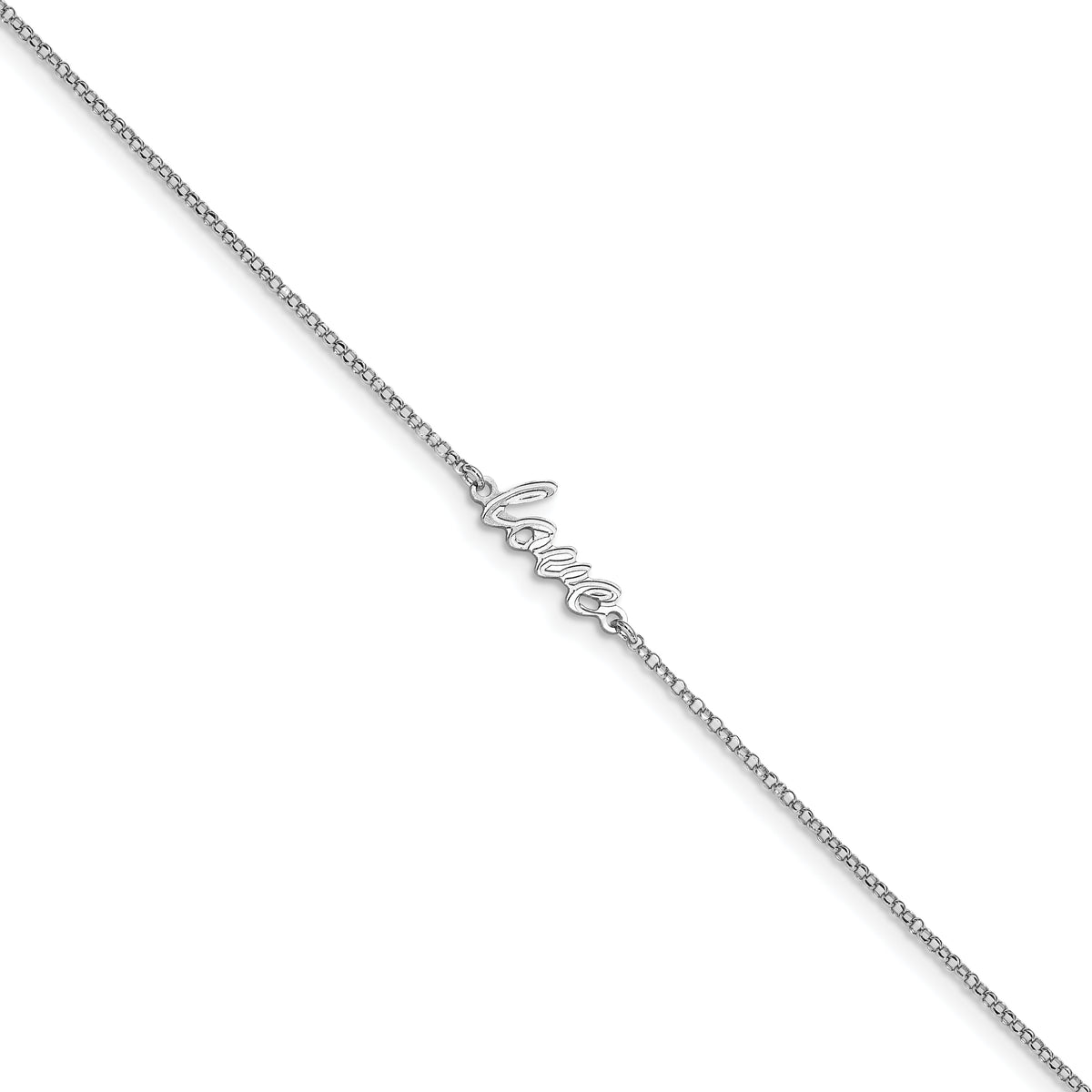 Sterling Silver Rhodium-plated Polished Love w/1in ext. Anklet