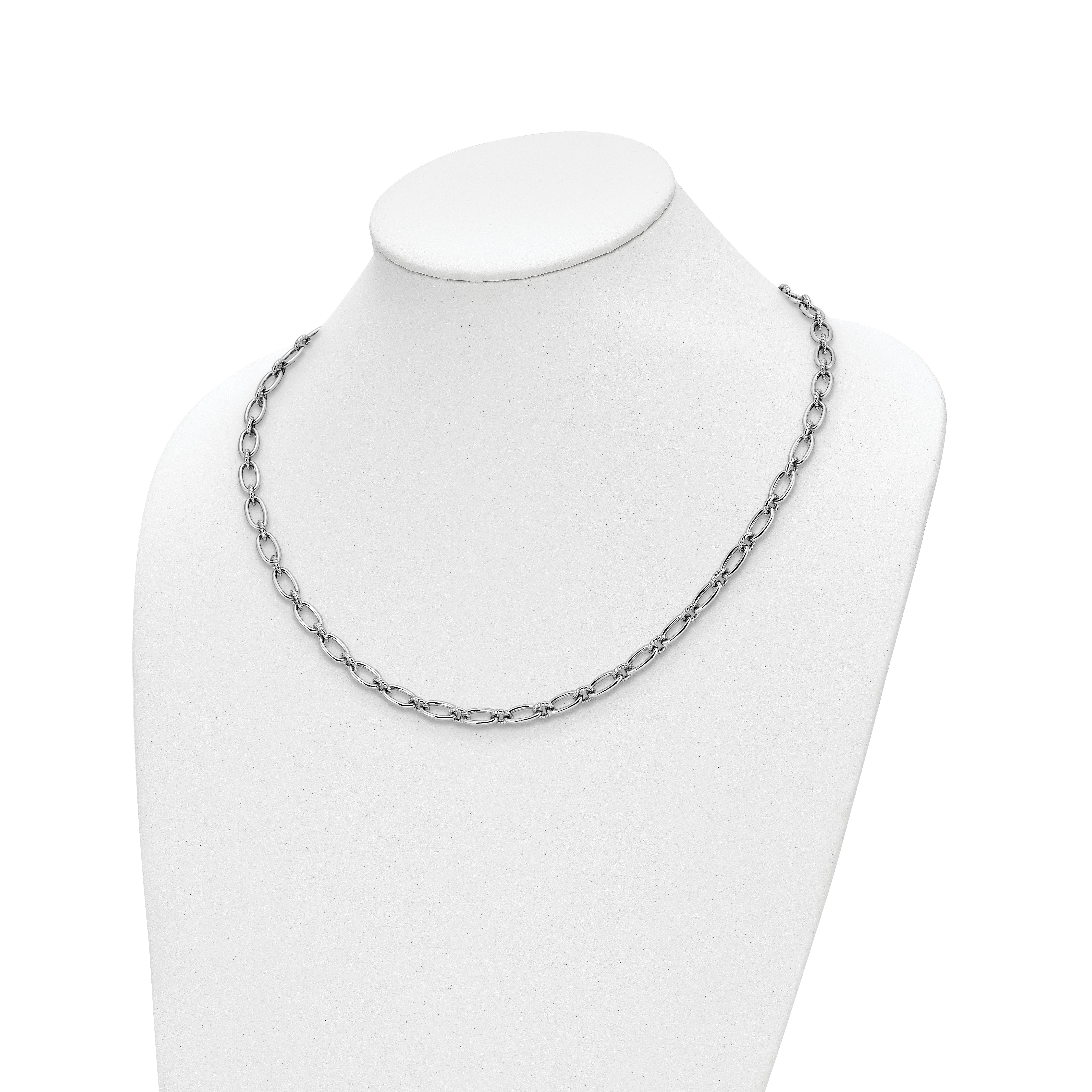 Sterling Silver Rhod-plated Textured Fancy Link Necklace