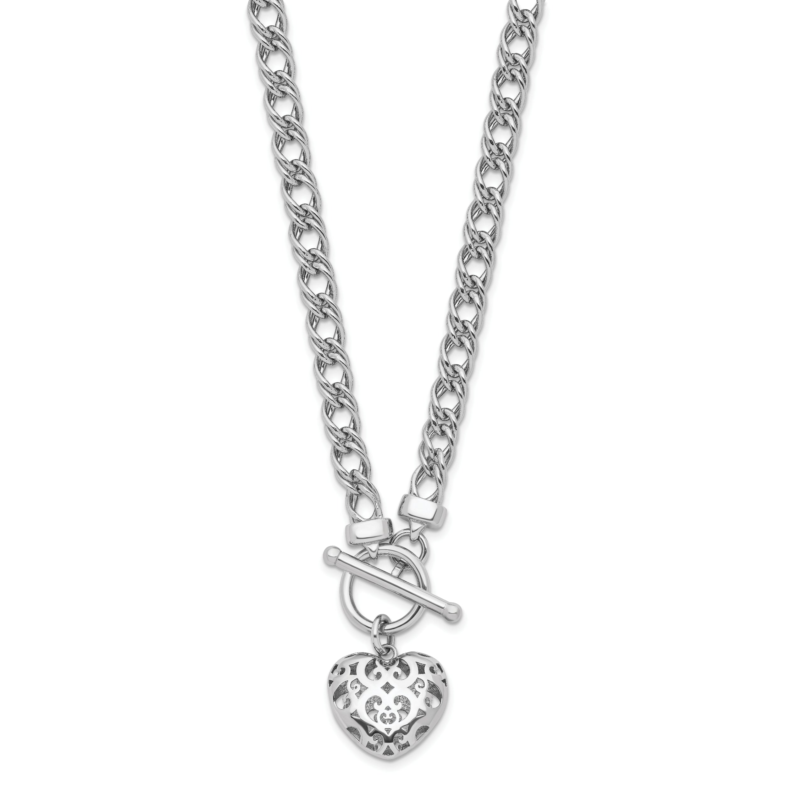 Sterling Silver Rh-plated Polished with Heart Charm Necklace