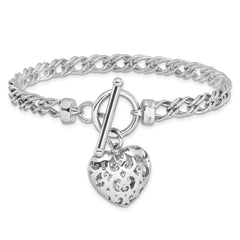 Sterling Silver Rh-plated Polished with Heart Charm Bracelet