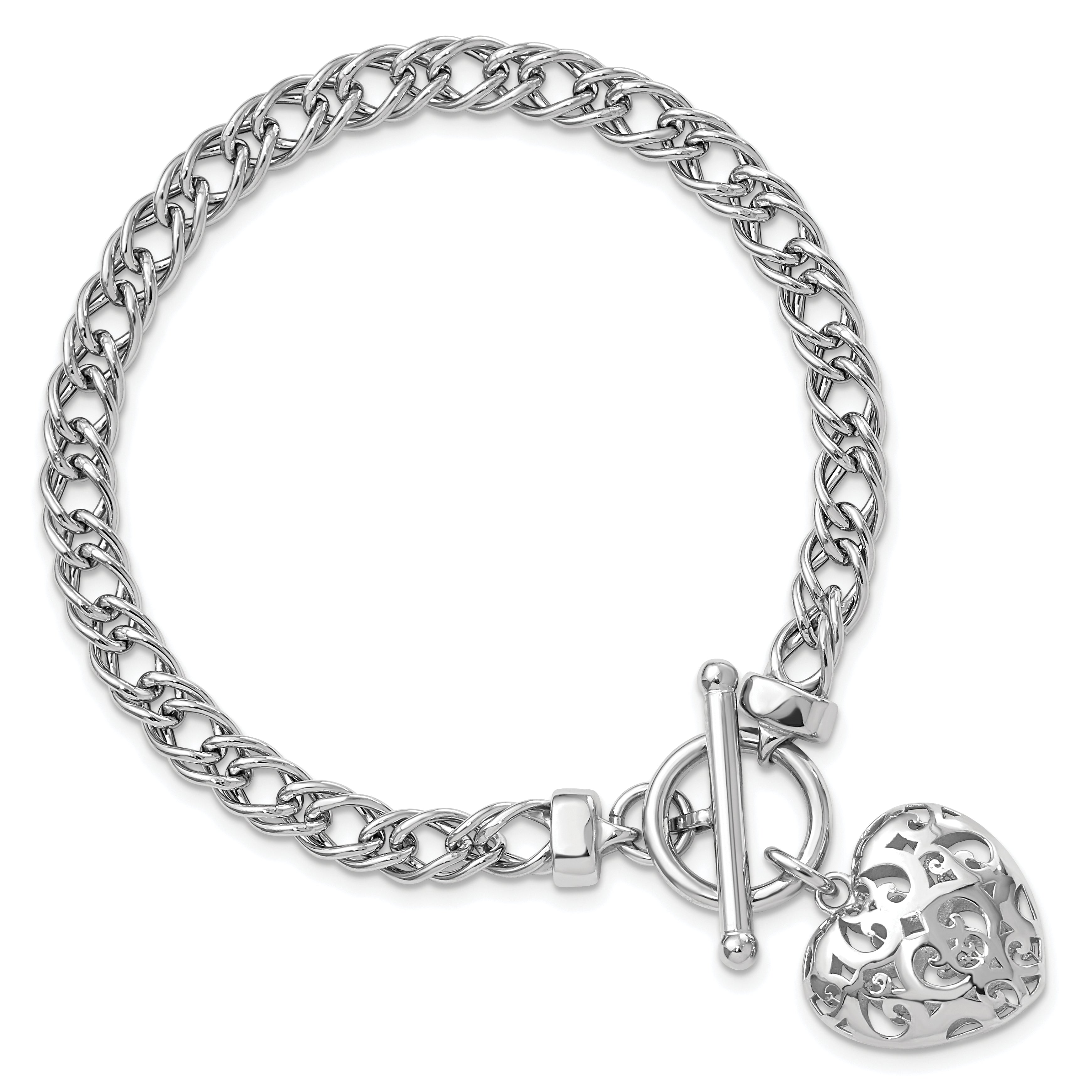 Sterling Silver Rh-plated Polished with Heart Charm Bracelet