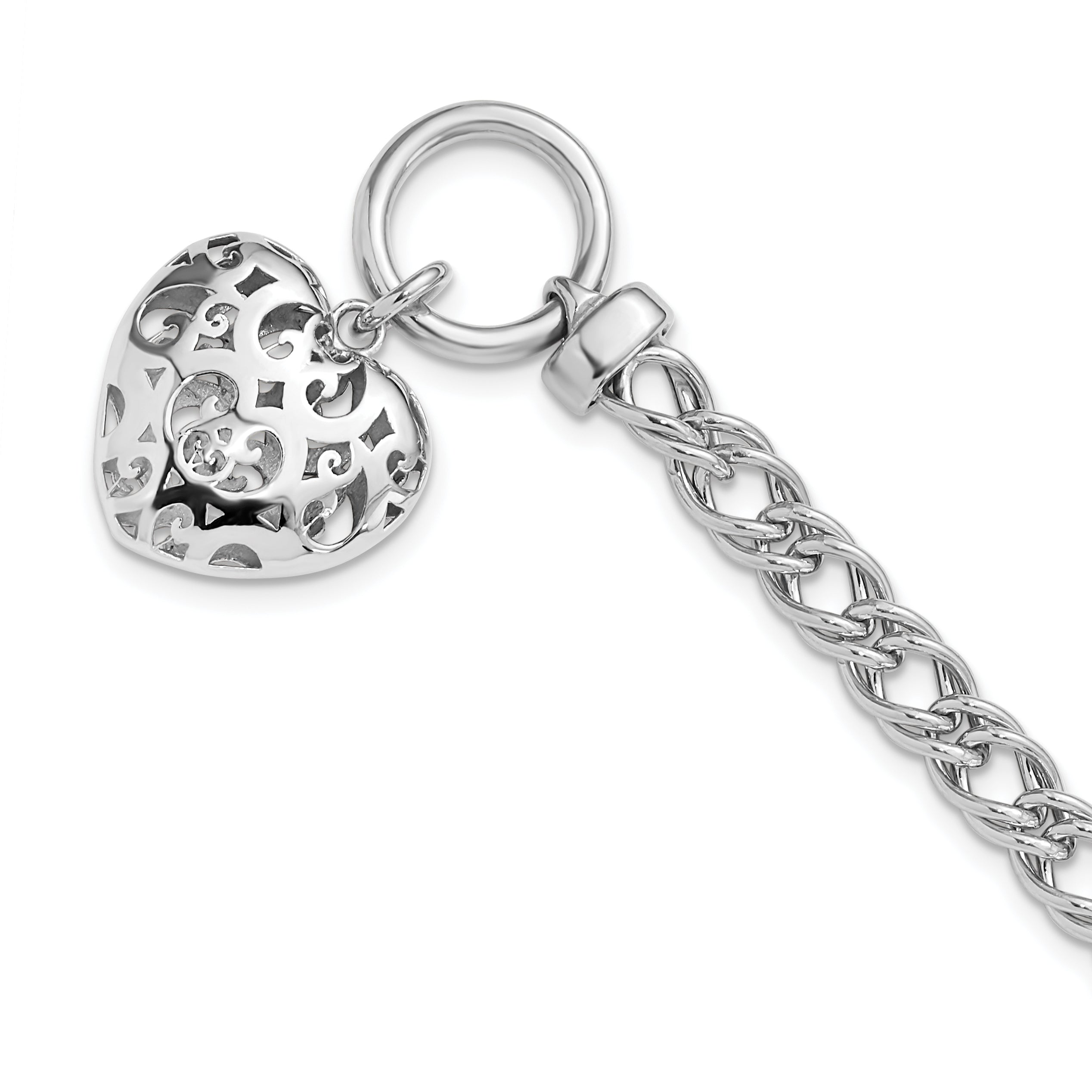 Sterling Silver Rh-plated Polished with Heart Charm Bracelet