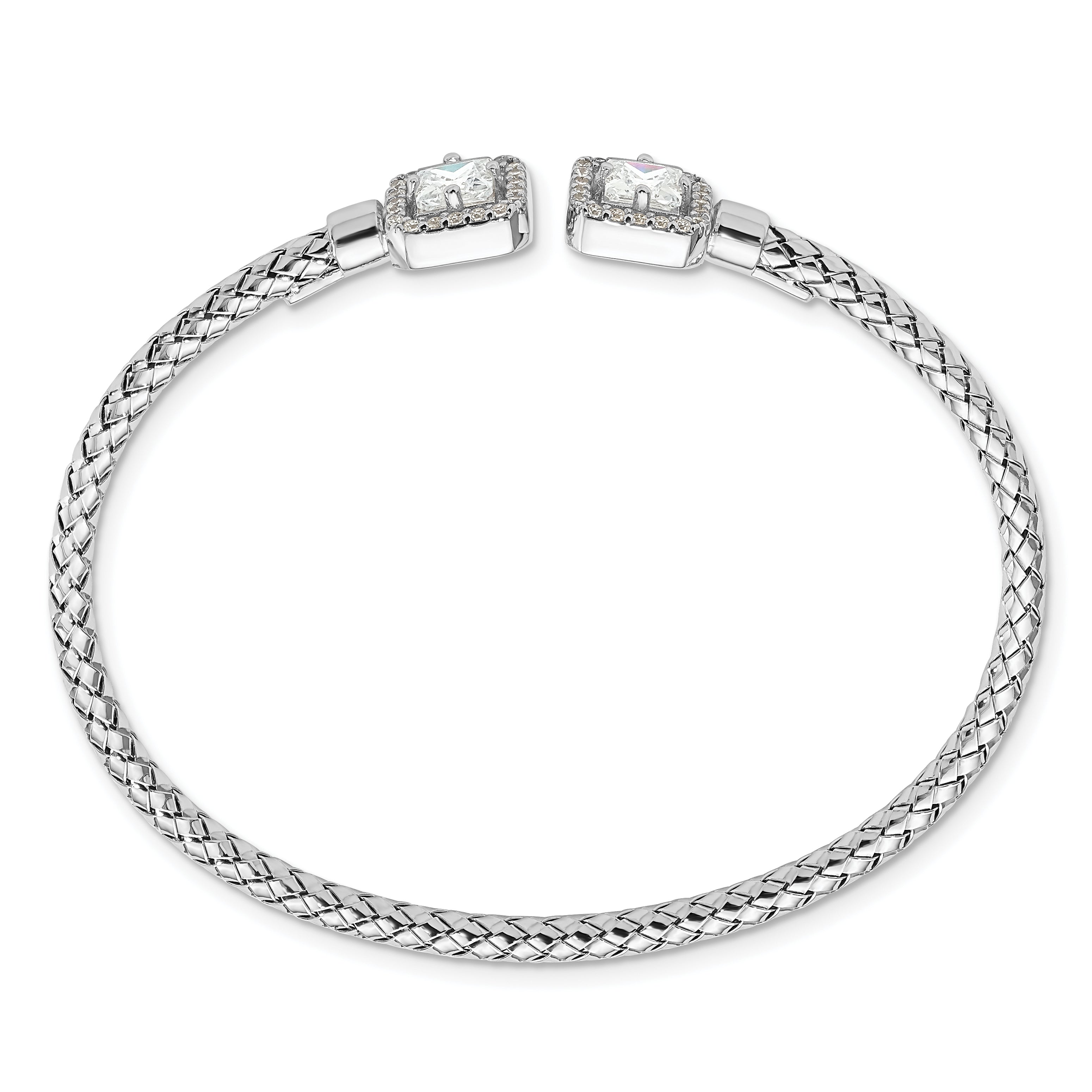 Sterling Silver RH-plated CZ Polished Square Halo Cuff Bangle