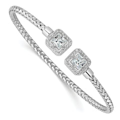 Sterling Silver RH-plated CZ Polished Square Halo Cuff Bangle