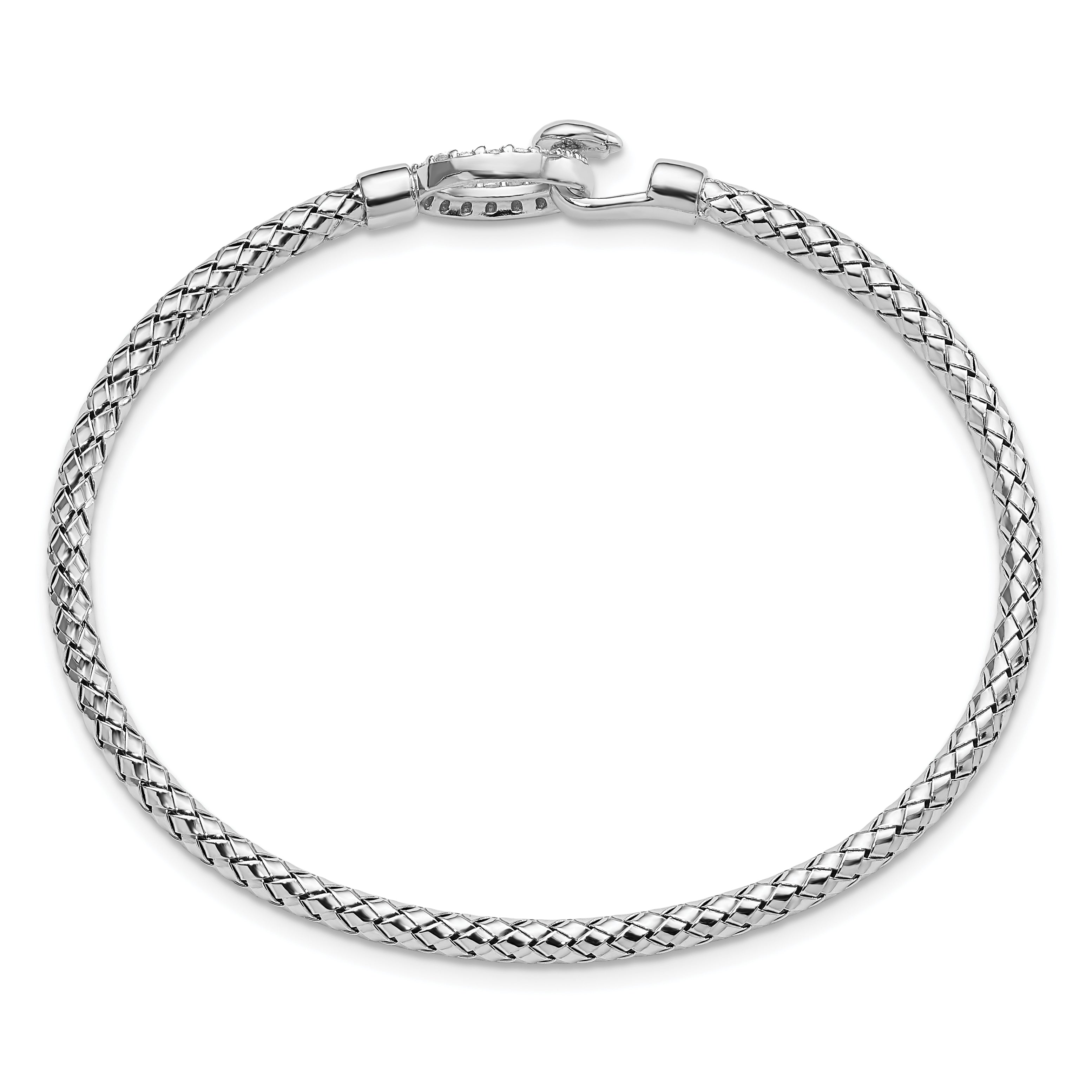 Sterling Silver RH-plated CZ Polished Braided Hook Bangle