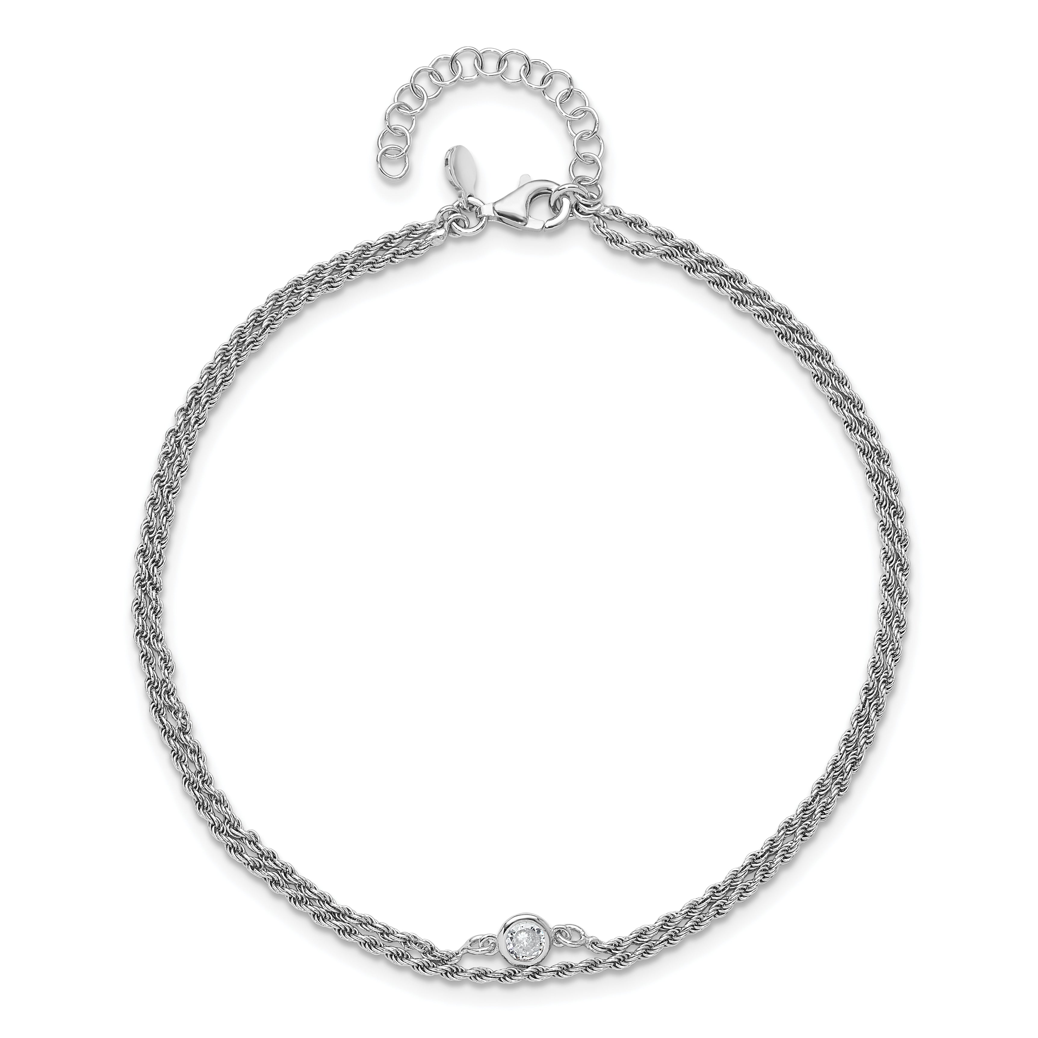 Sterling Silver RH-plated Polished CZ 2-Strand 9 in Plus 1.5in ext