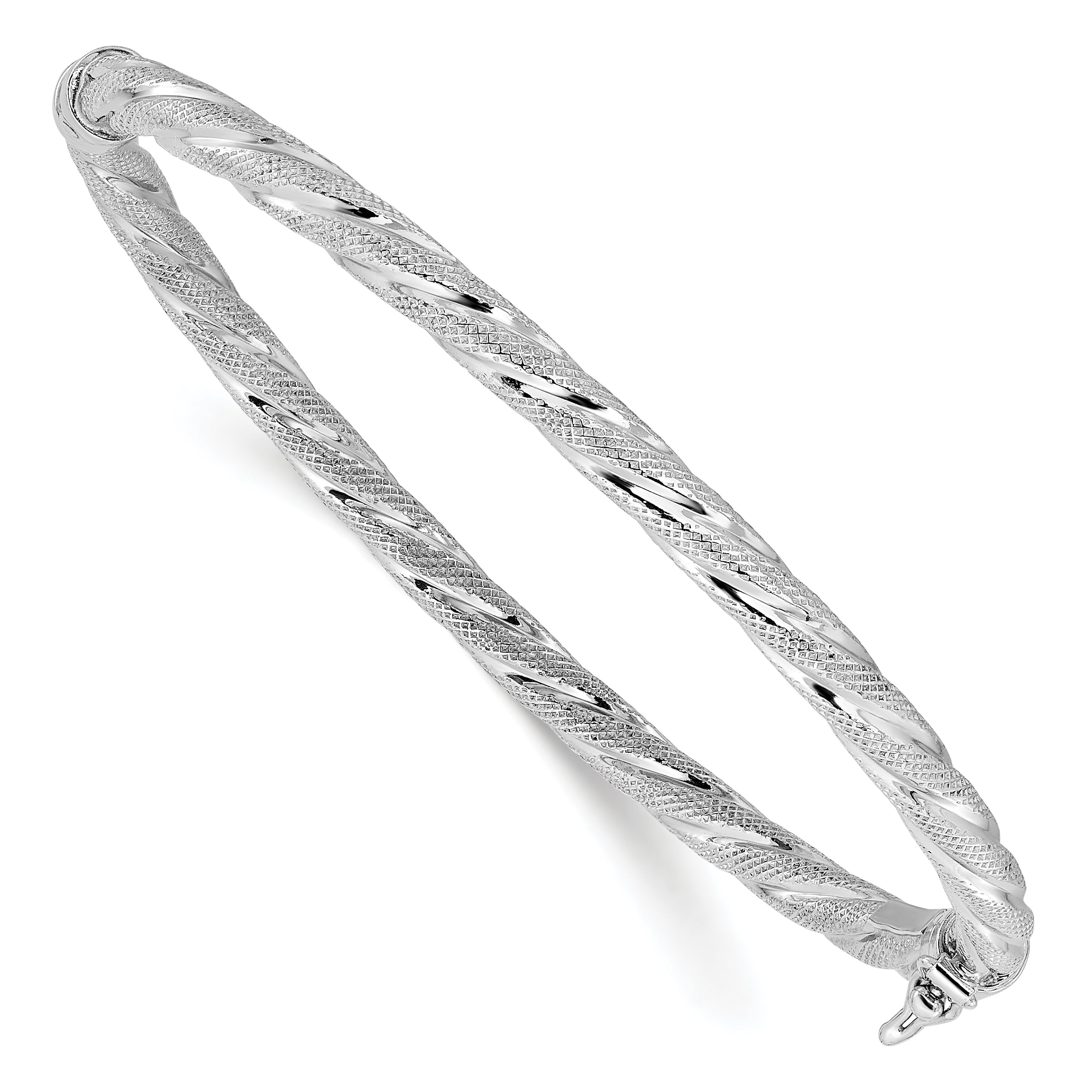 Sterling Silver Rh-plated Polished and Textured Twisted Hinged Ban