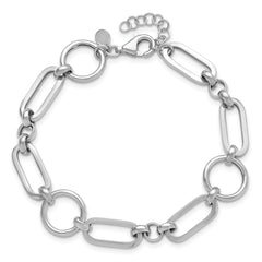 Sterling Silver Rhod-plated Polished Fancy Link w/ 1in ext. Bracel