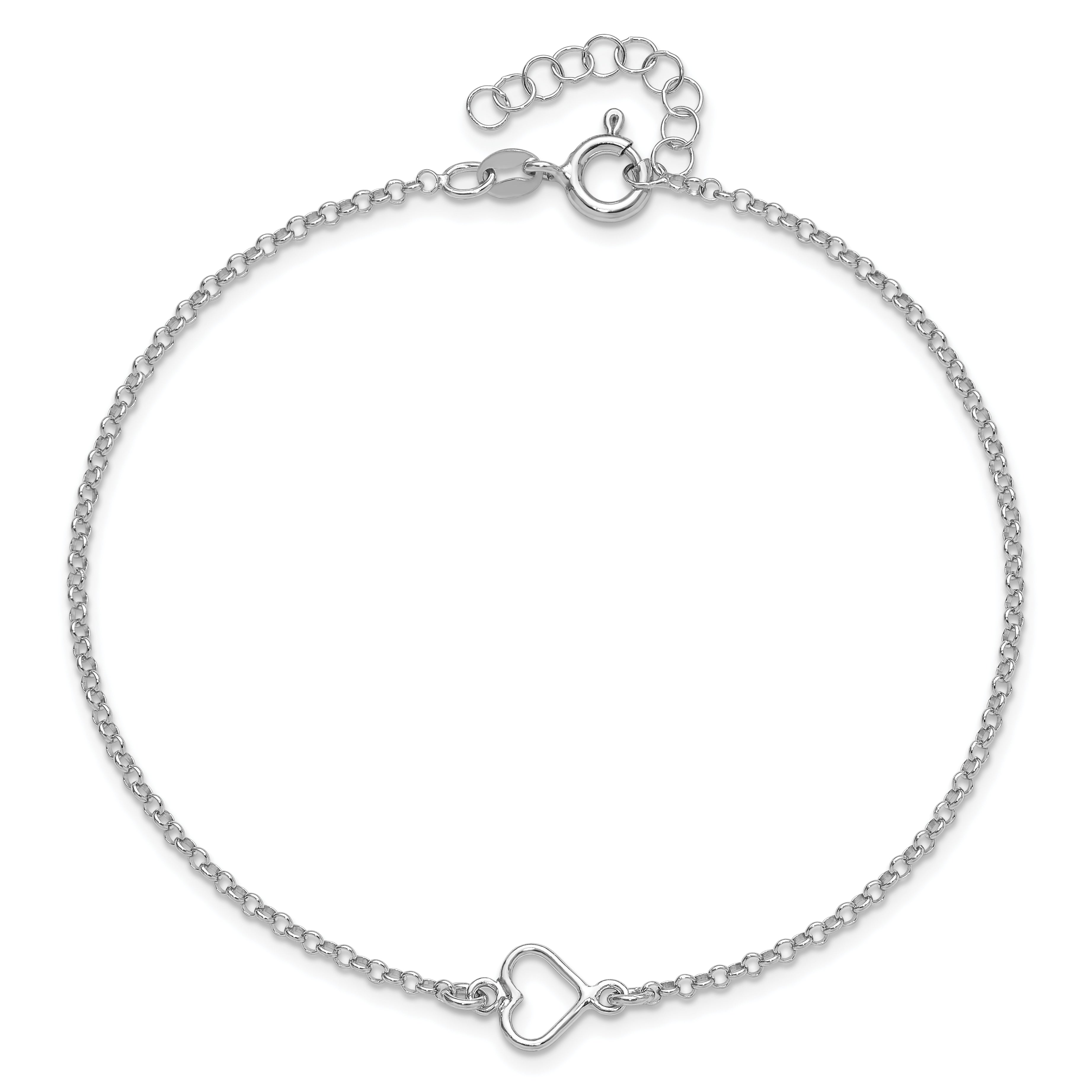 Sterling Silver Rh-plated Polished Heart 9in PLUS 1in ext. Anklet