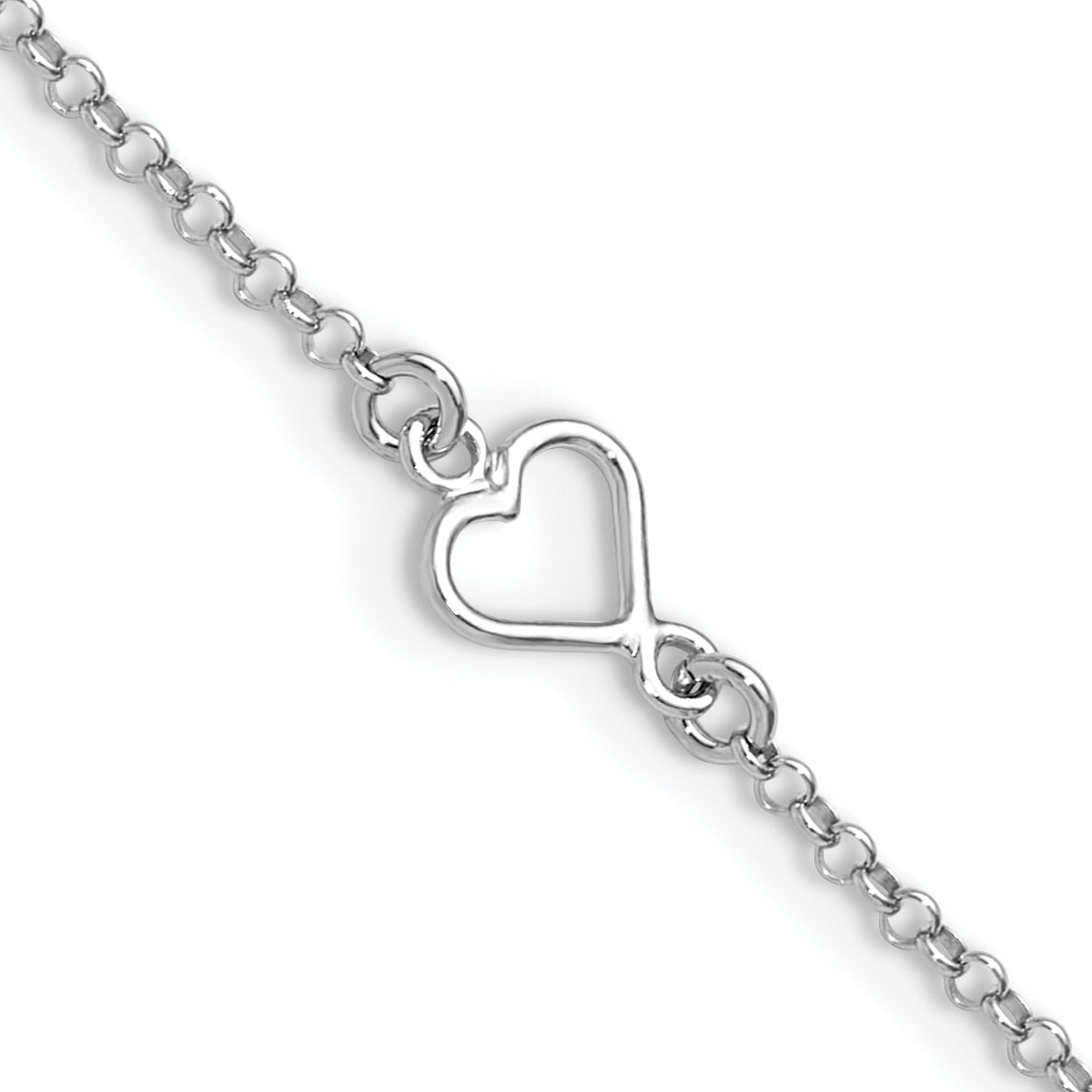 Sterling Silver Rh-plated Polished Heart 9in PLUS 1in ext. Anklet