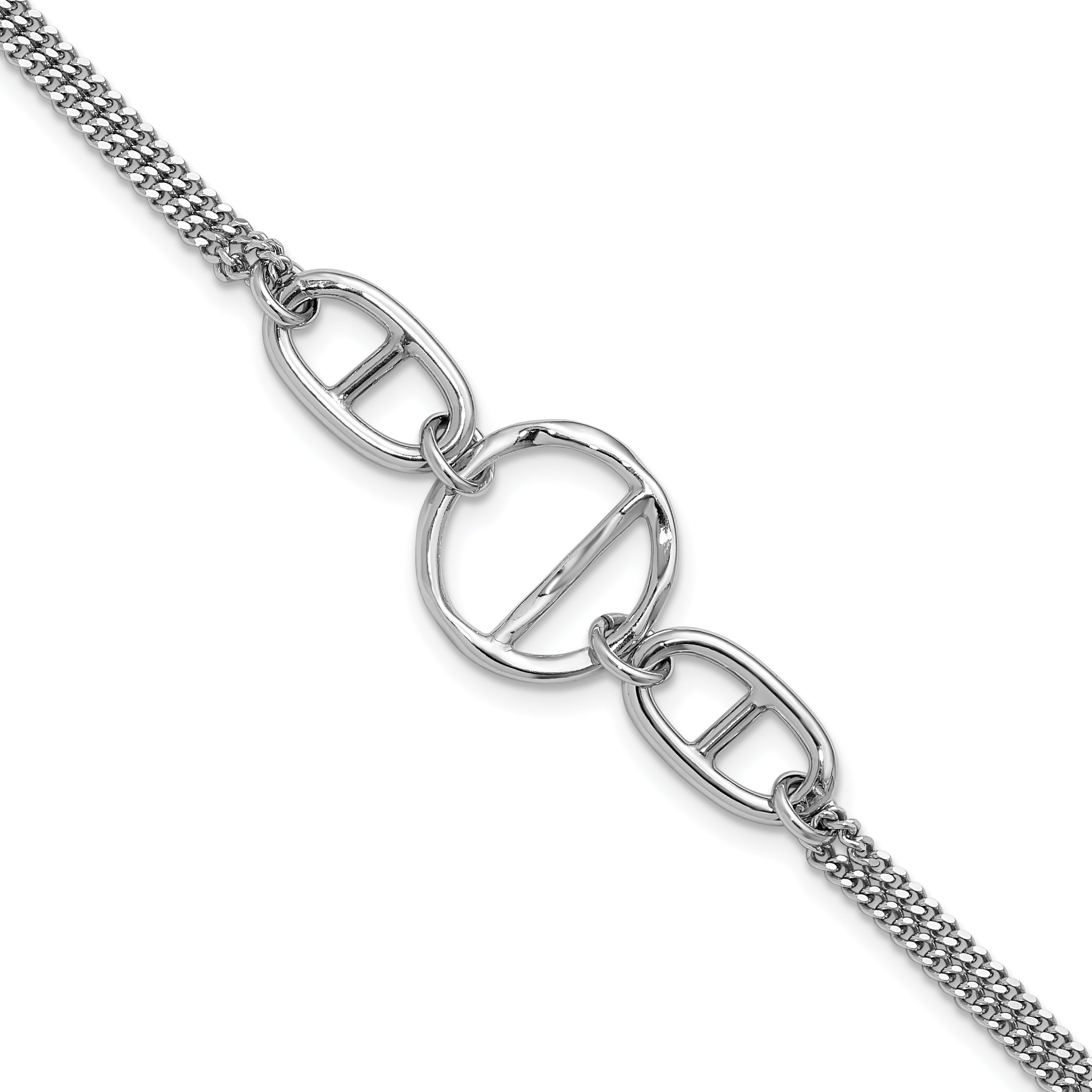 SS Rh-plated Polished 2-strand w/Link Accent w/1in ext. Bracelet