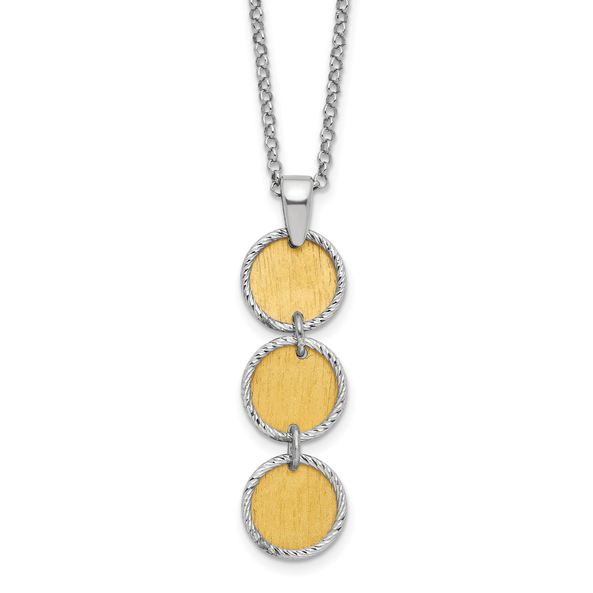 SS Rh/Gold-plated Polished/Brushed Circles w/2in ext. Necklace