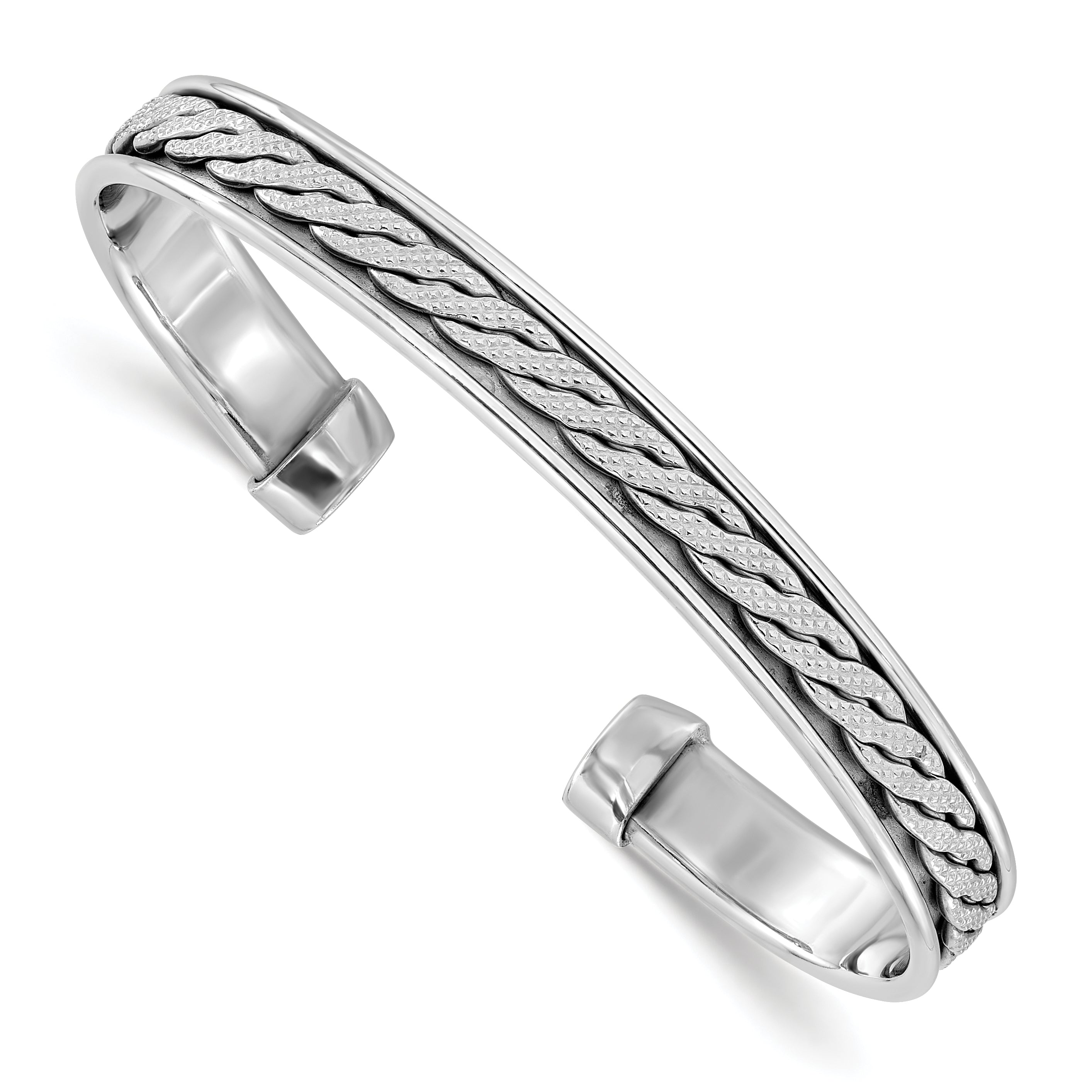 Sterling Silver Rhodium-plated Polished/Braided Cuff Bangle