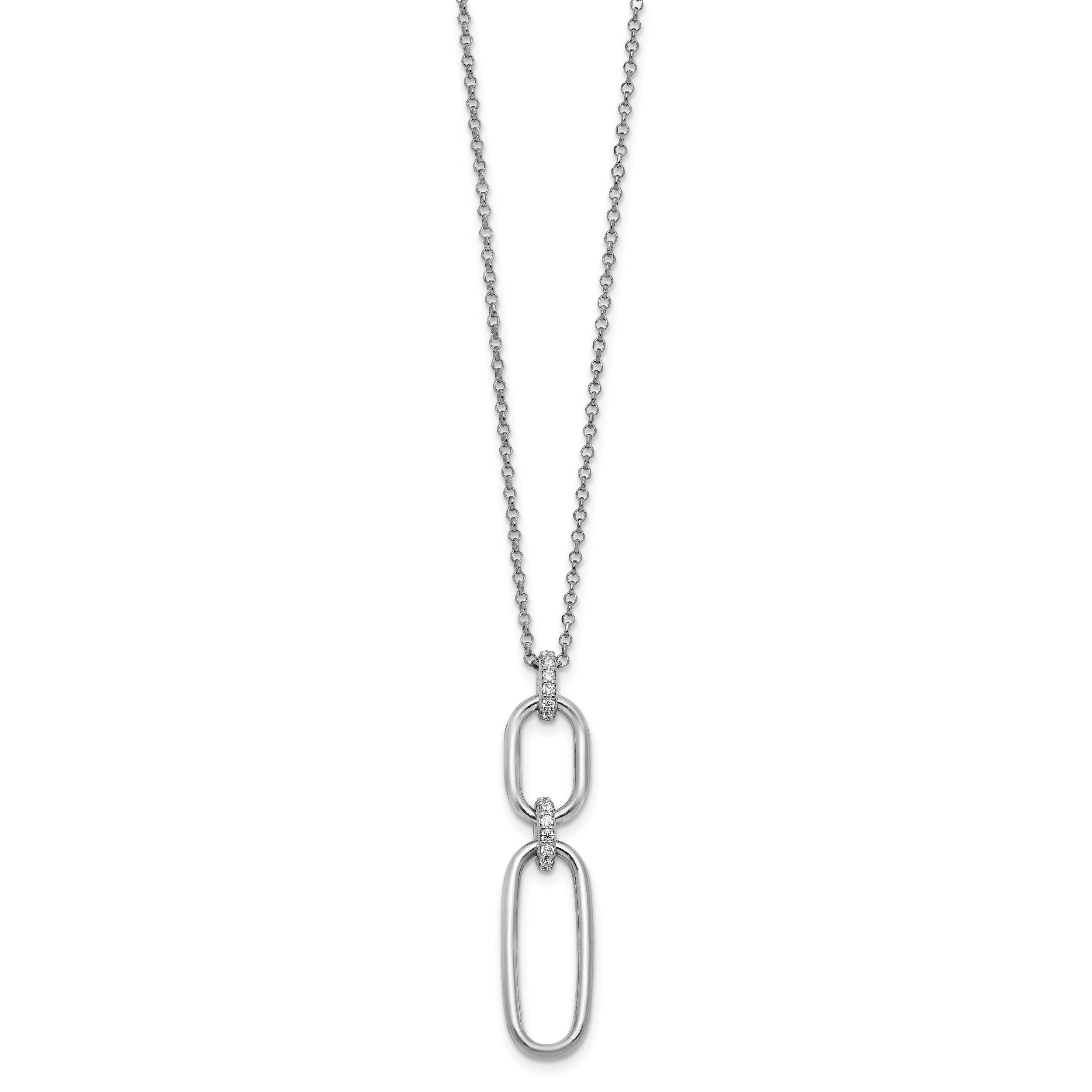 Sterling Silver Rh-plated Polished CZ with 2in ext. Necklace