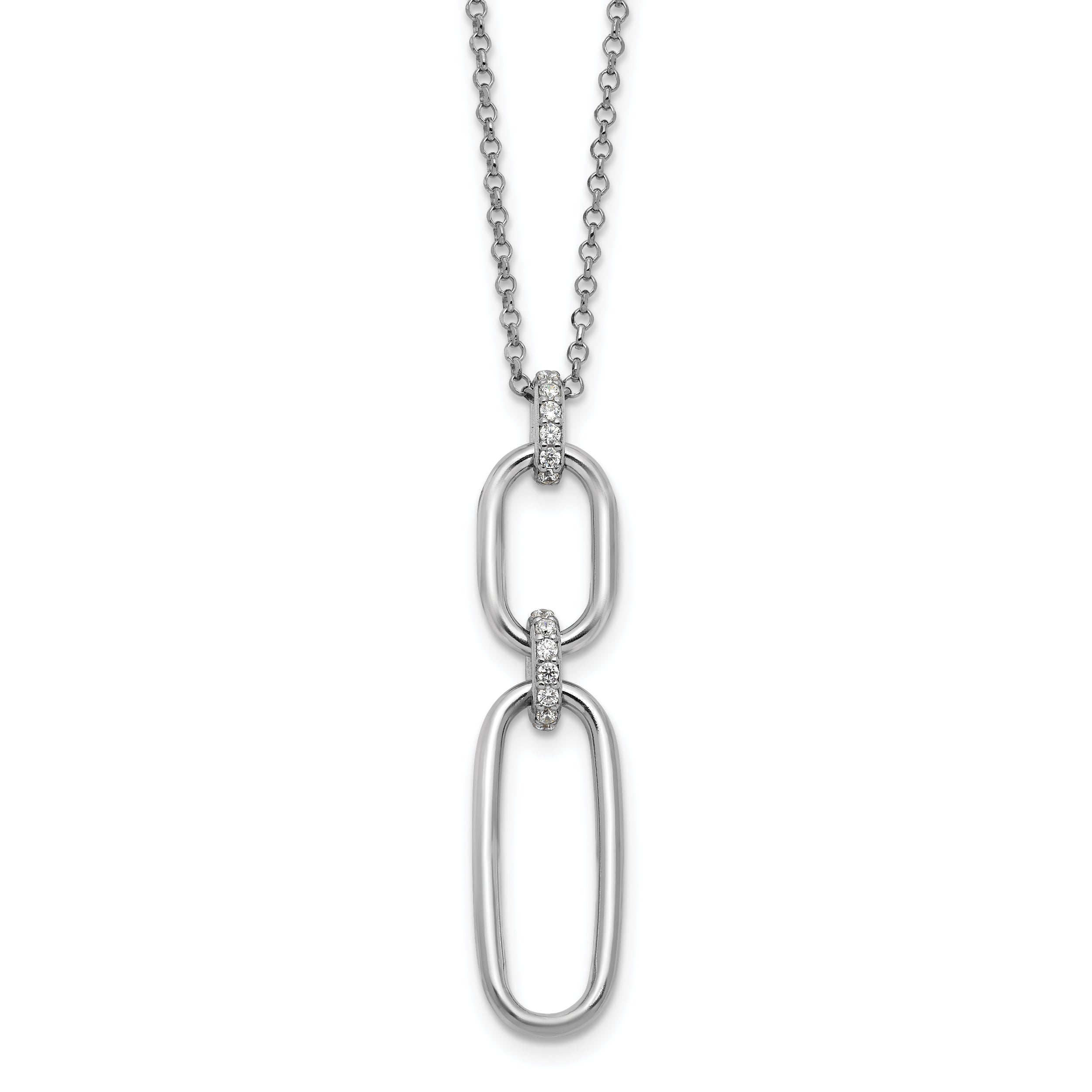 Sterling Silver Rh-plated Polished CZ with 2in ext. Necklace