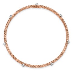 Sterling Silver Rose Gold-plated CZ Polished Textured Bangle