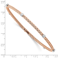 Sterling Silver Rose Gold-plated CZ Polished Textured Bangle