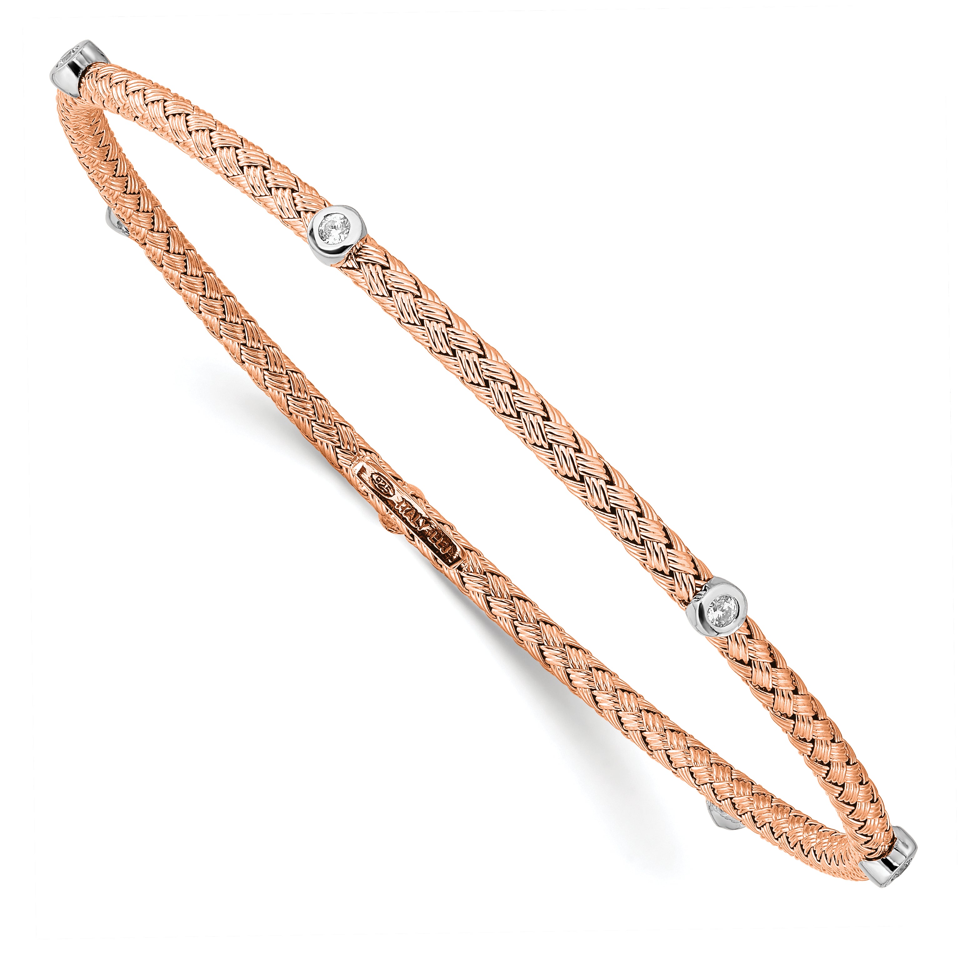 Sterling Silver Rose Gold-plated CZ Polished Textured Bangle