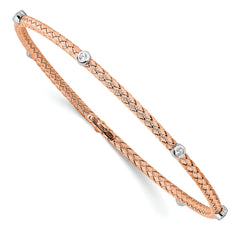 Sterling Silver Rose Gold-plated CZ Polished Textured Bangle