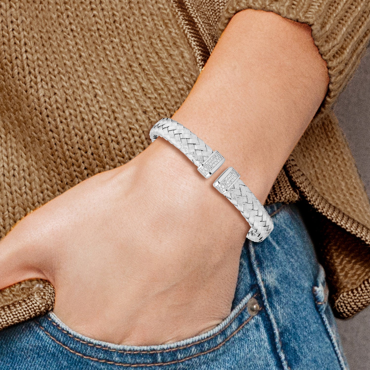 Sterling Silver CZ Woven Flexible Cuff