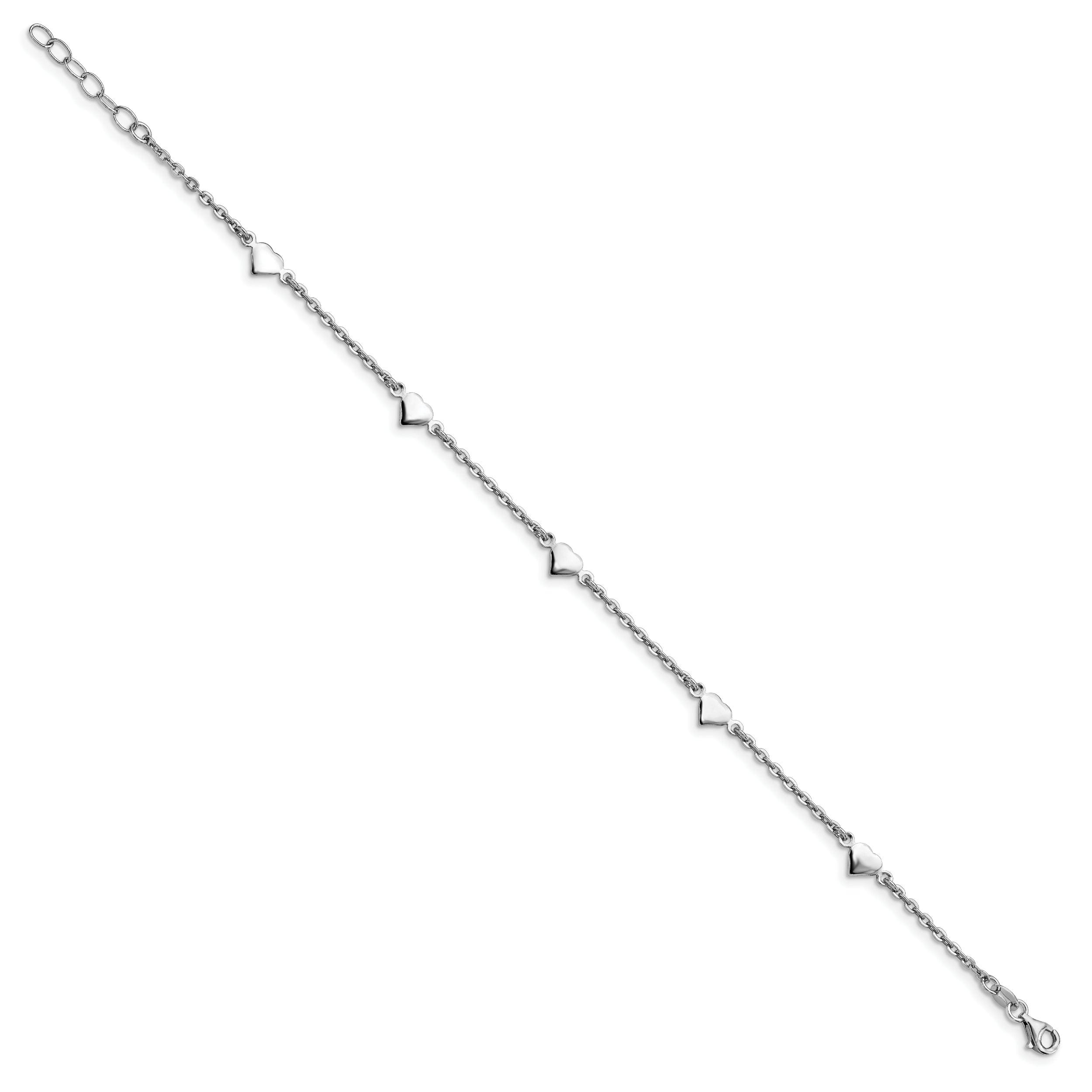 Sterling Silver RH-plated Polished Heart 9in with 1in ext. Anklet