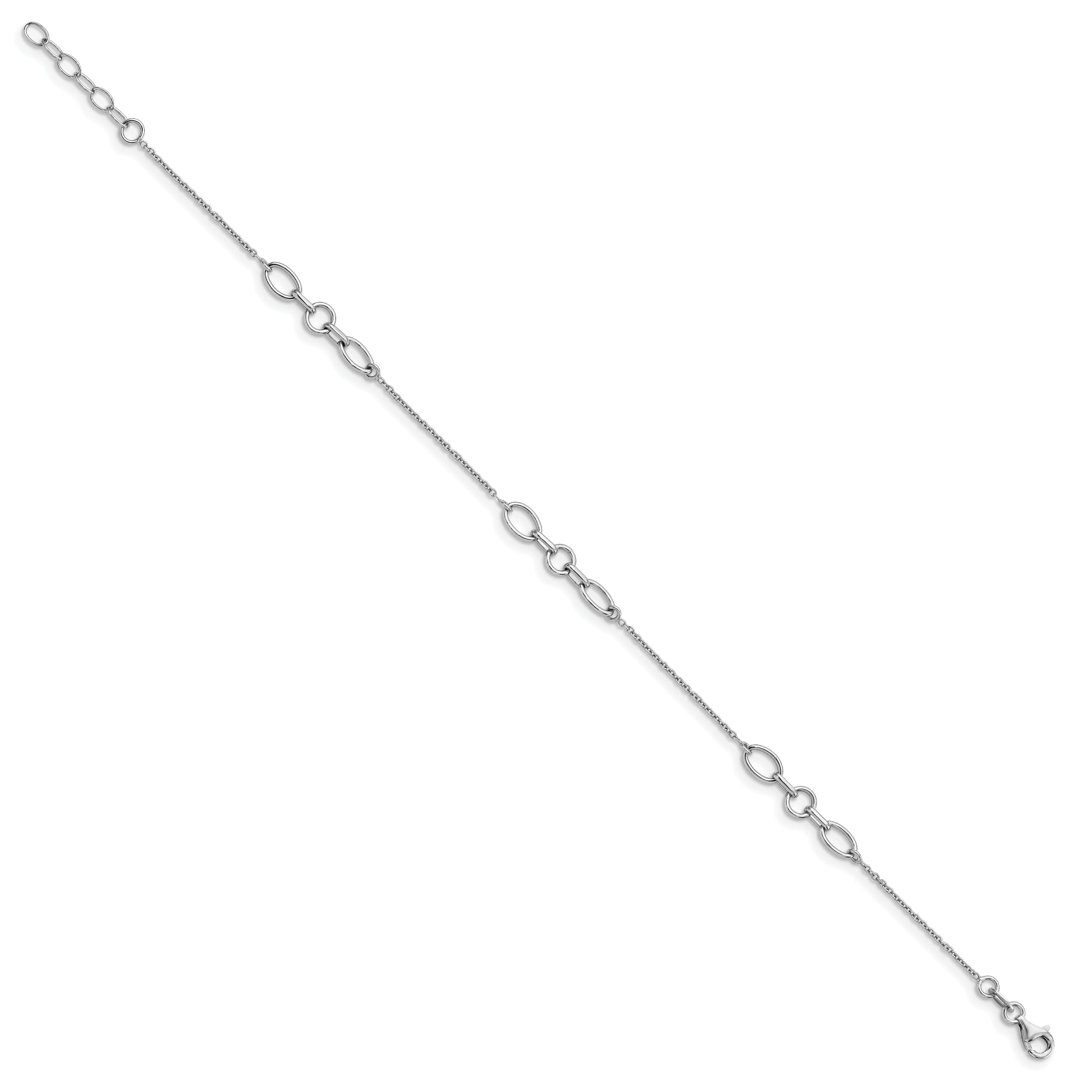 Sterling Silver Rhodium-plated Fancy Link 9 with 1in ext. Anklet