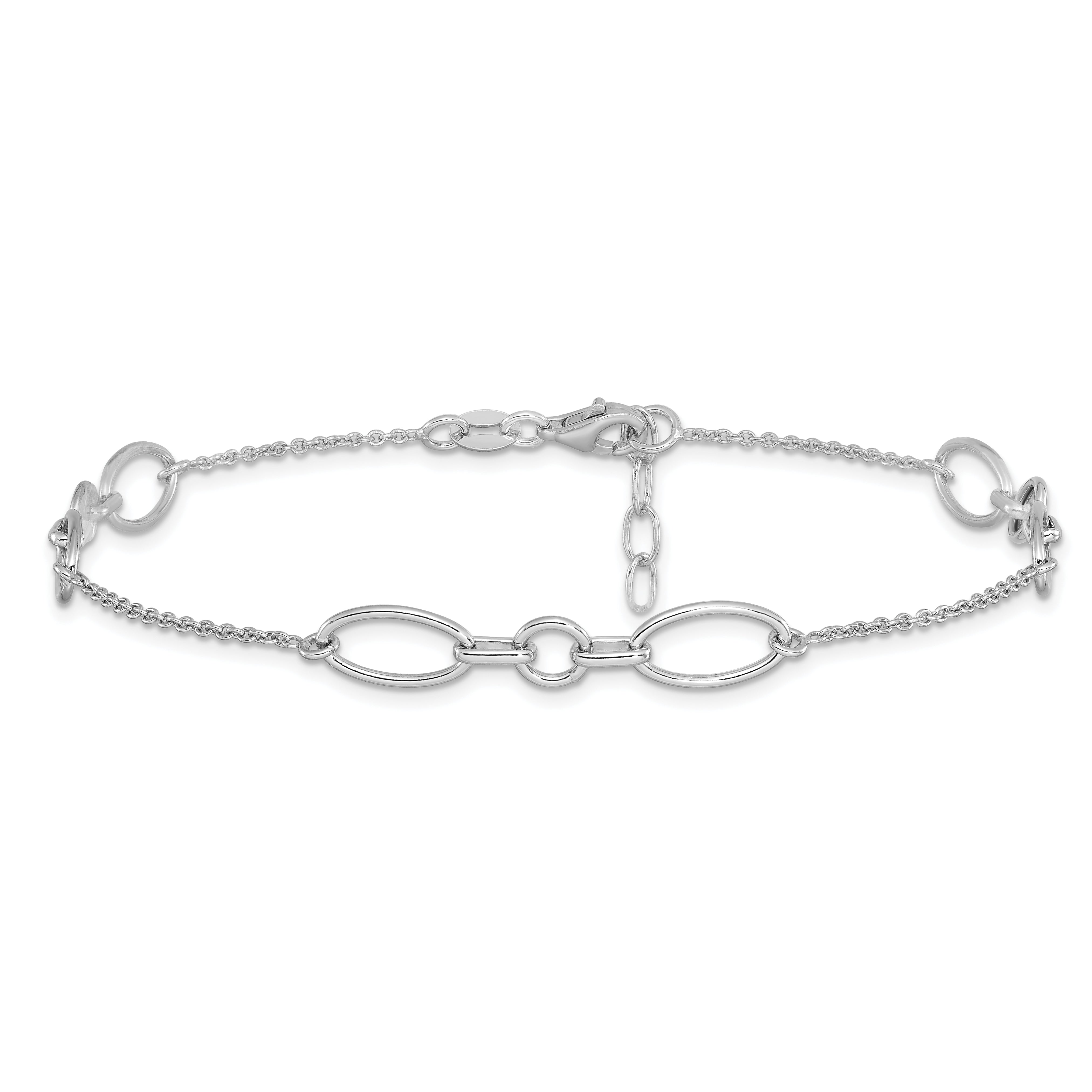 Sterling Silver Rhodium-plated Fancy Link 9 with 1in ext. Anklet