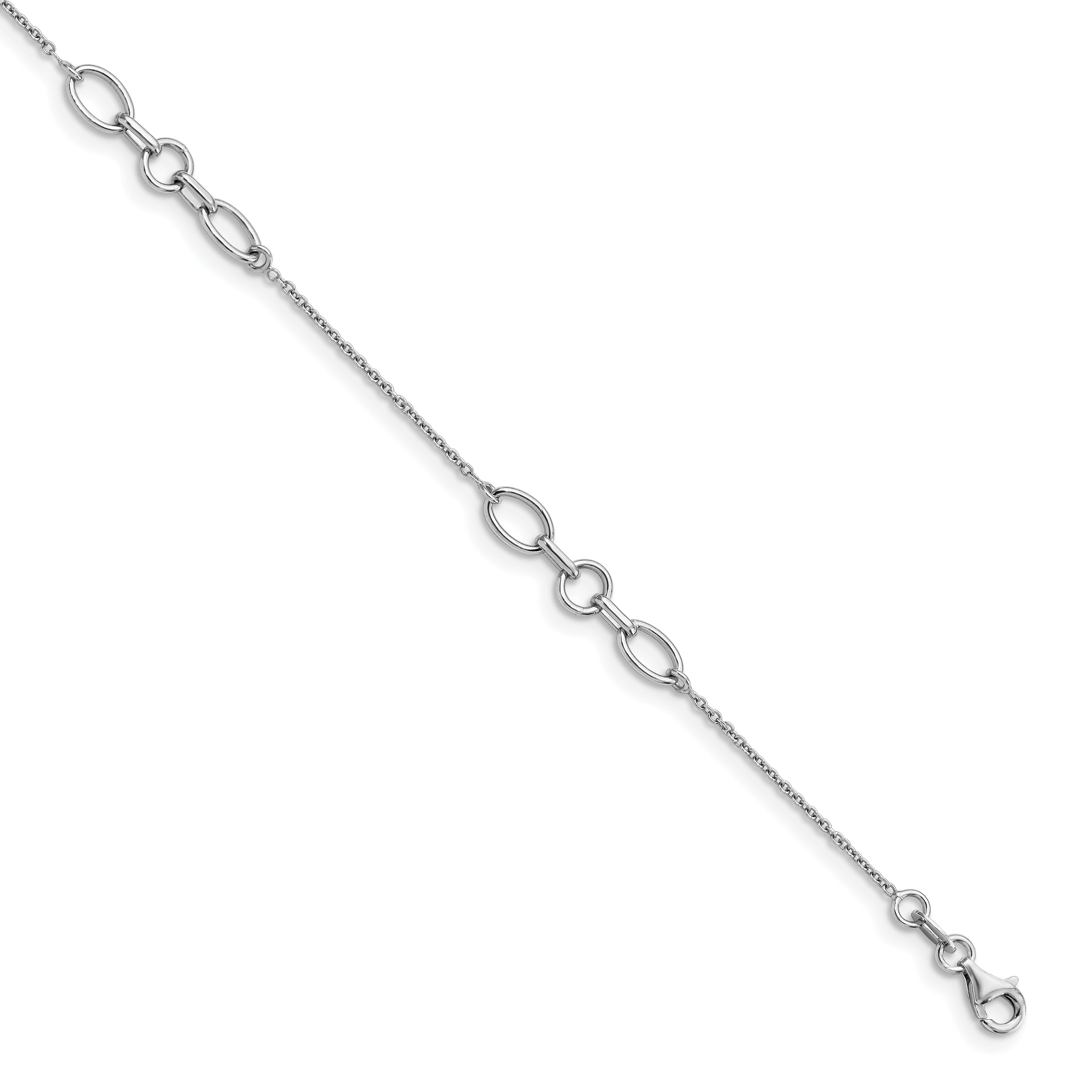 Sterling Silver Rhodium-plated Fancy Link 9 with 1in ext. Anklet