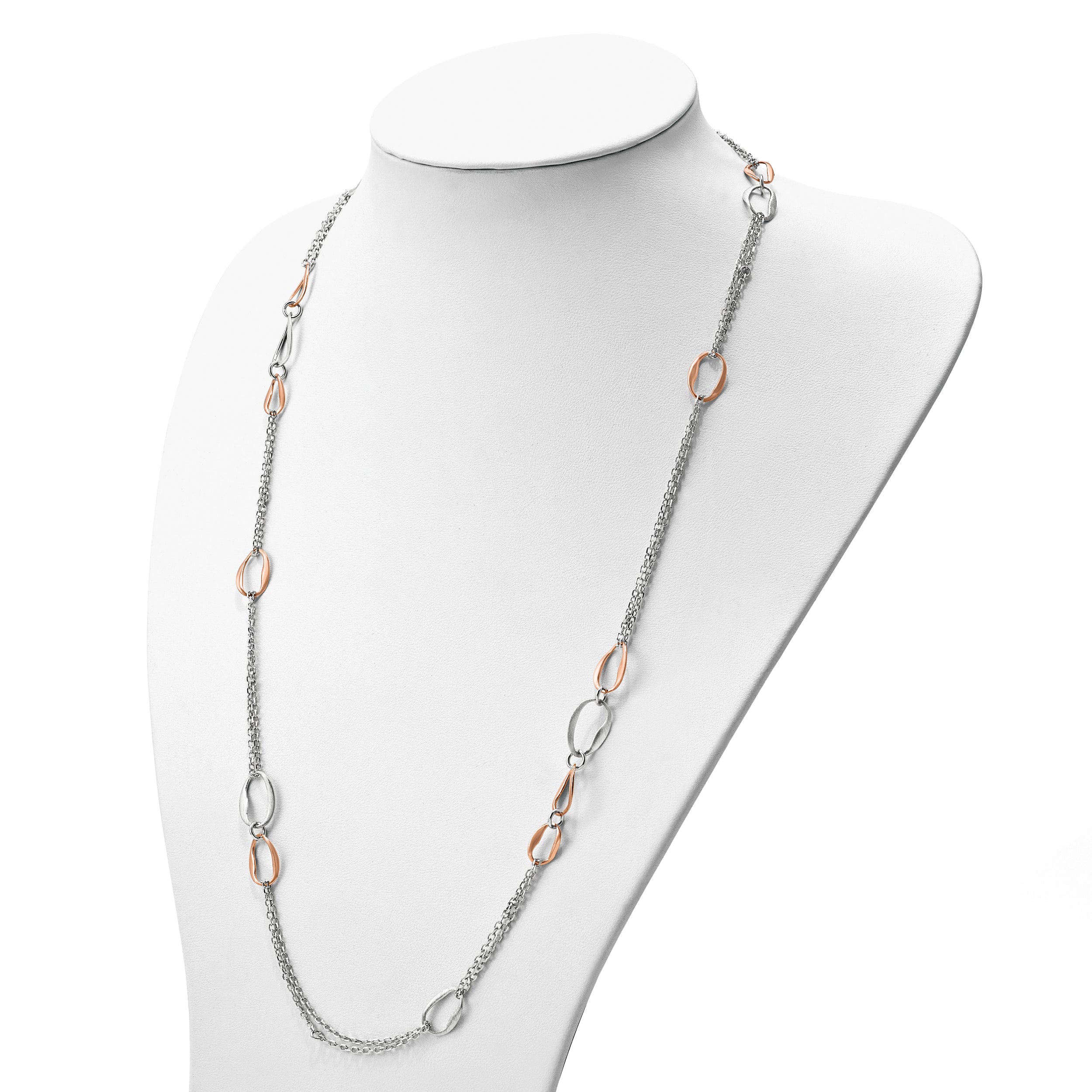 Sterling Silver RH/Rose-plat Scratch-finish 2-Chain Necklace