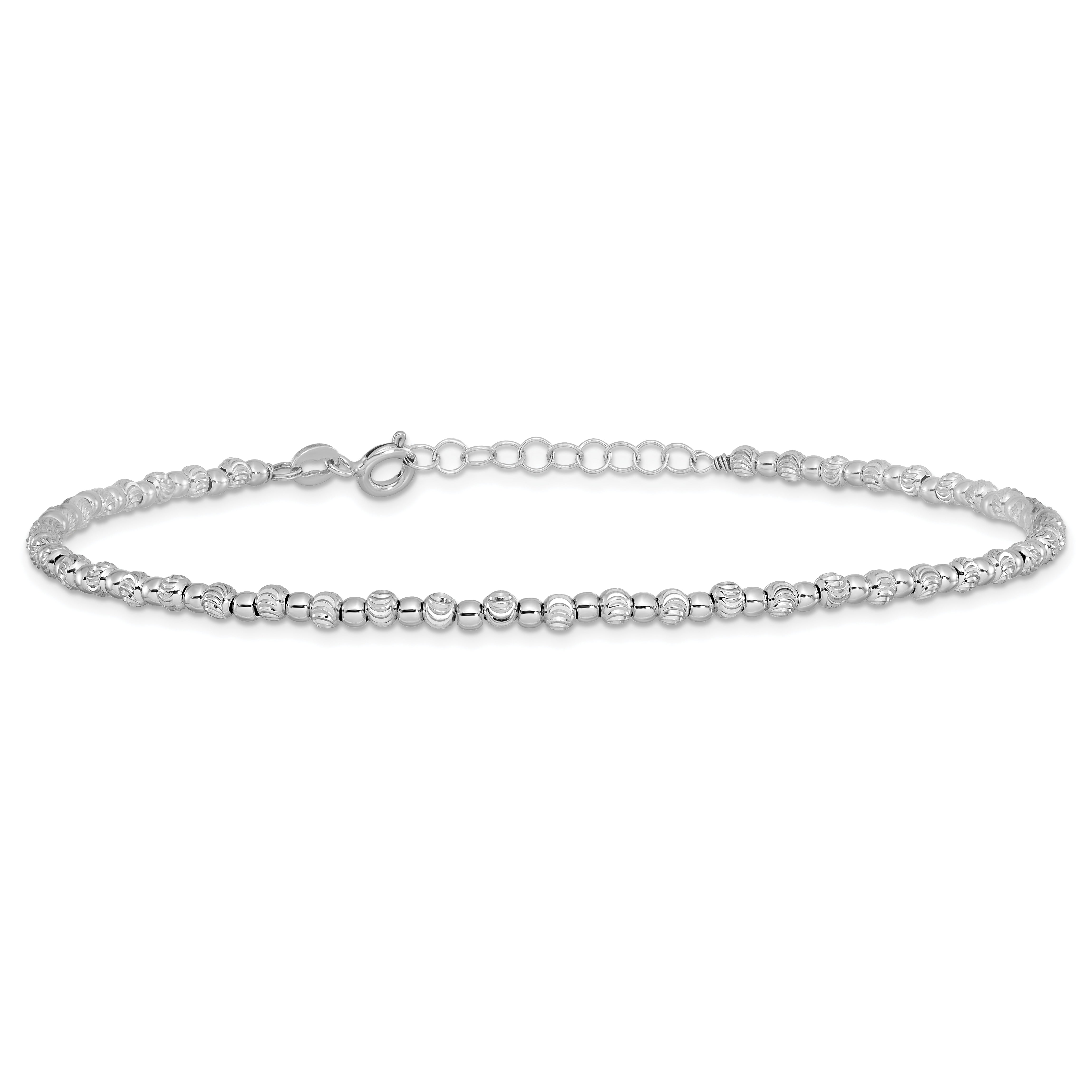 Sterling Silver Rhodium D/C Beaded w/1in ext. Anklet