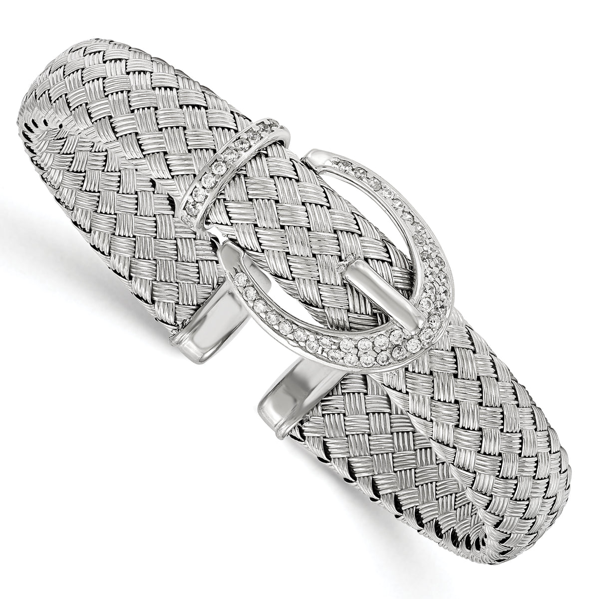 Sterling Silver CZ Woven Flexible Cuff Bangle