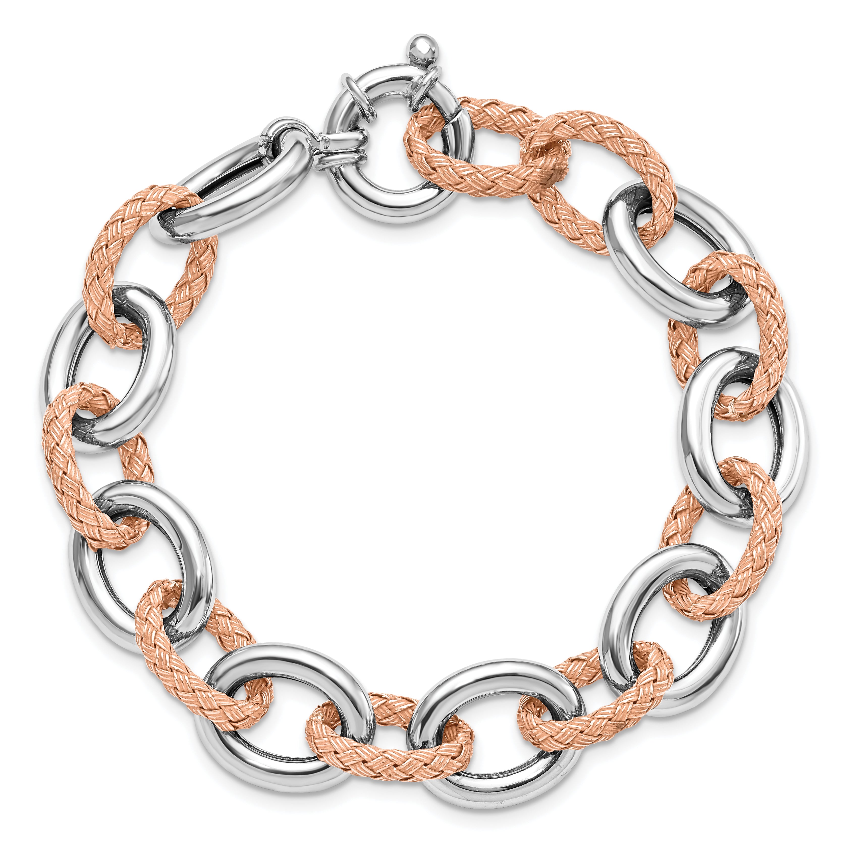 Sterling Silver Rose-tone Polished & Woven Link Bracelet