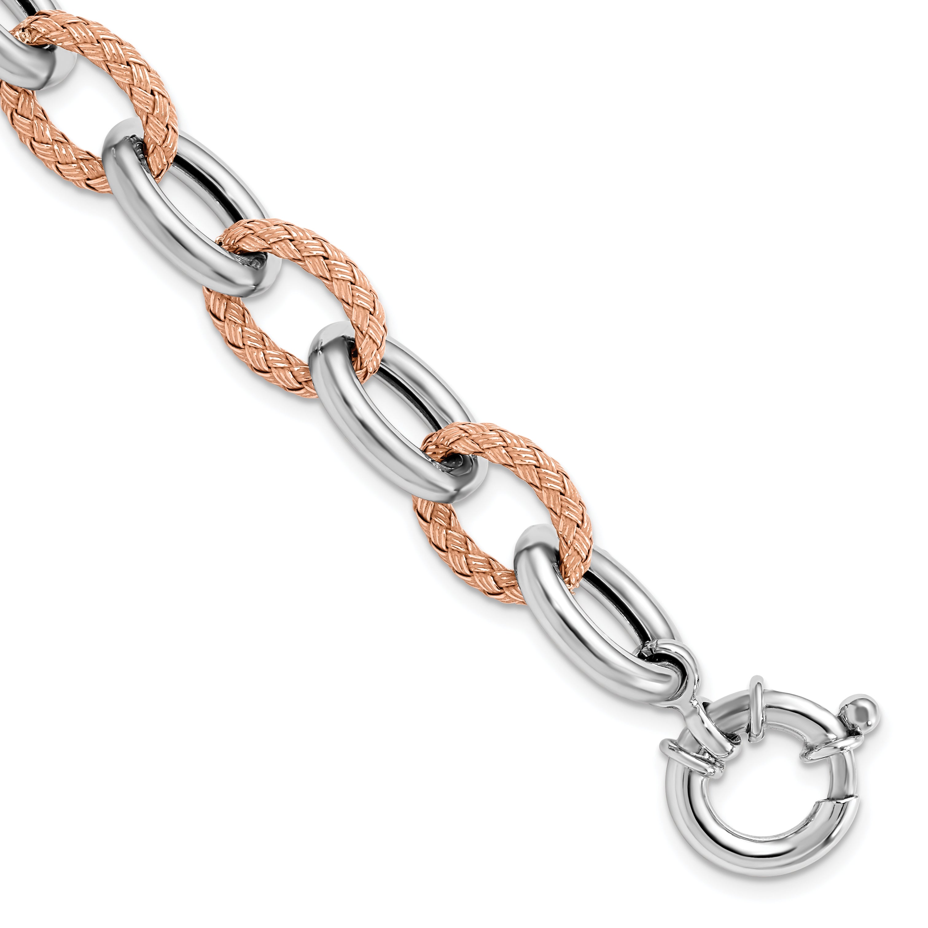 Sterling Silver Rose-tone Polished & Woven Link Bracelet