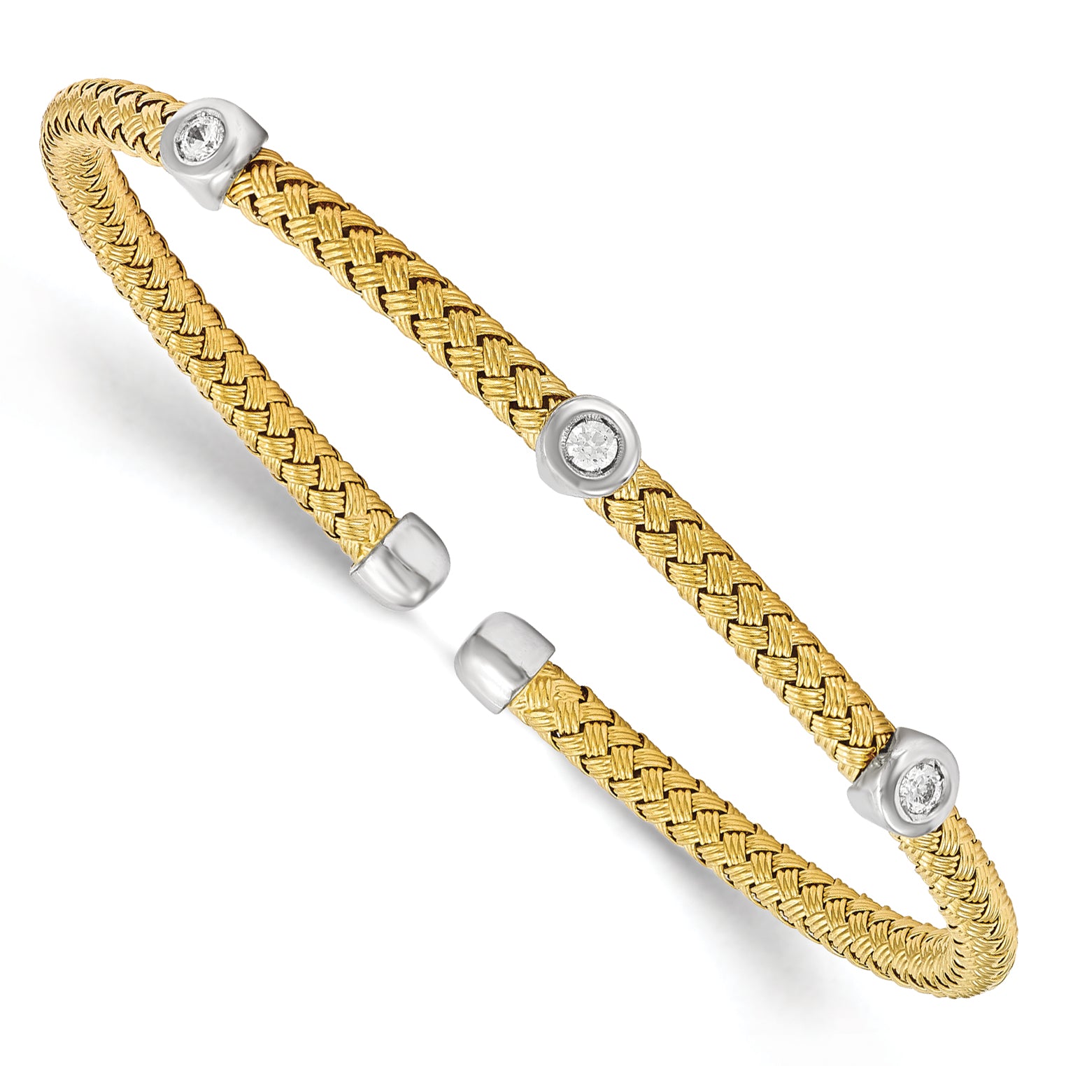 Sterling Silver Rhodium-plated Gold-plated CZ Woven Flexible Cuff