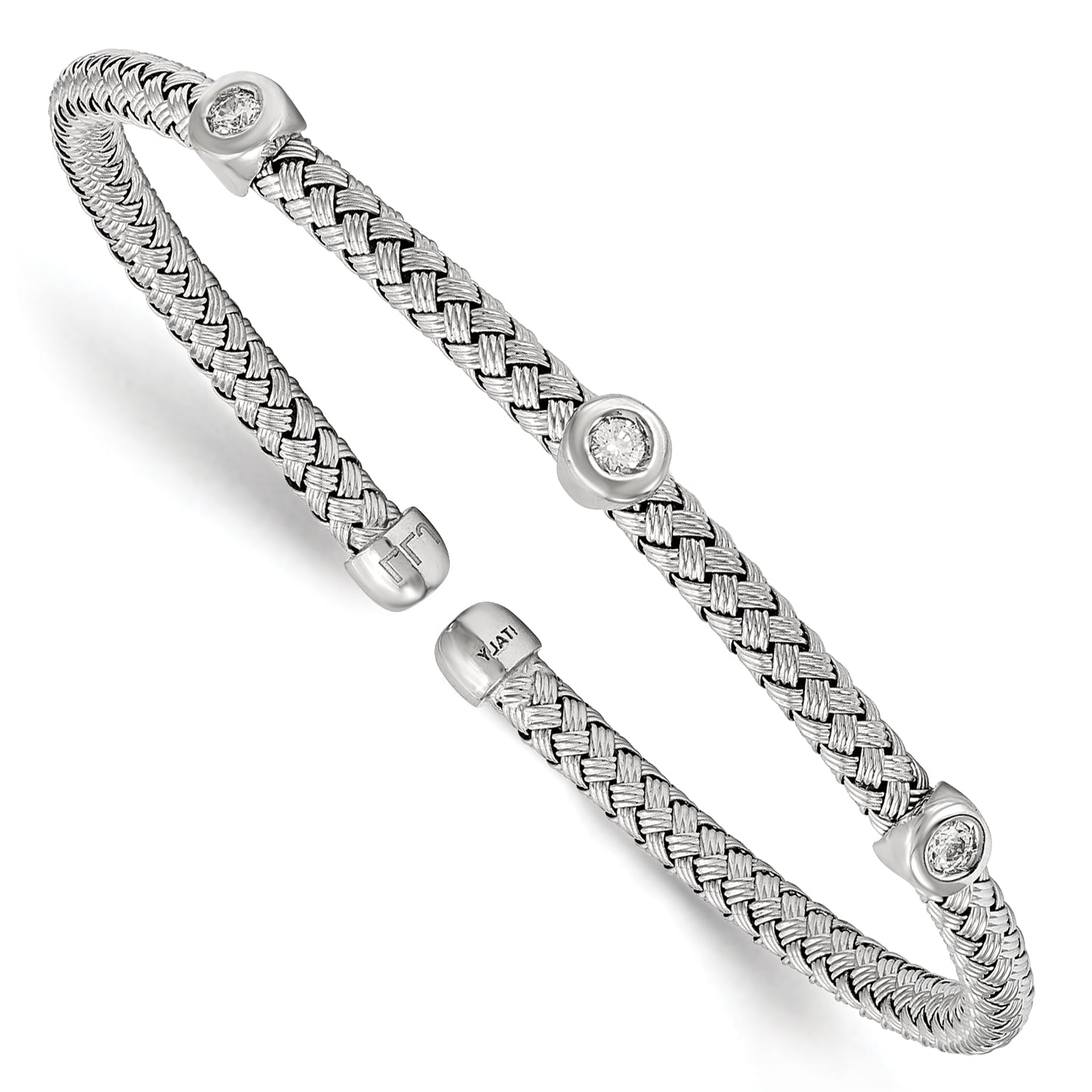 Sterling Silver Rhodium-plated CZ Woven Flexible Cuff