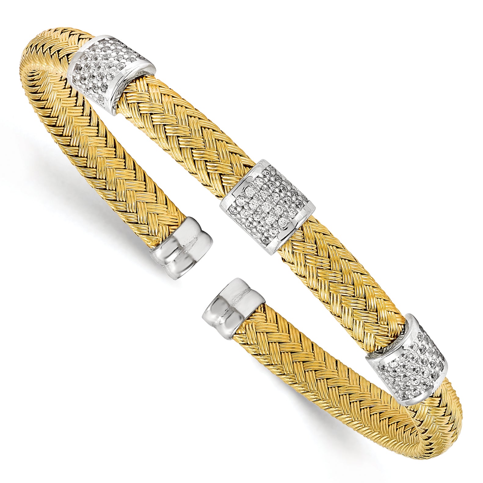 Sterling Silver Rhodium-plated Gold-plated CZ Woven Flexible Cuff